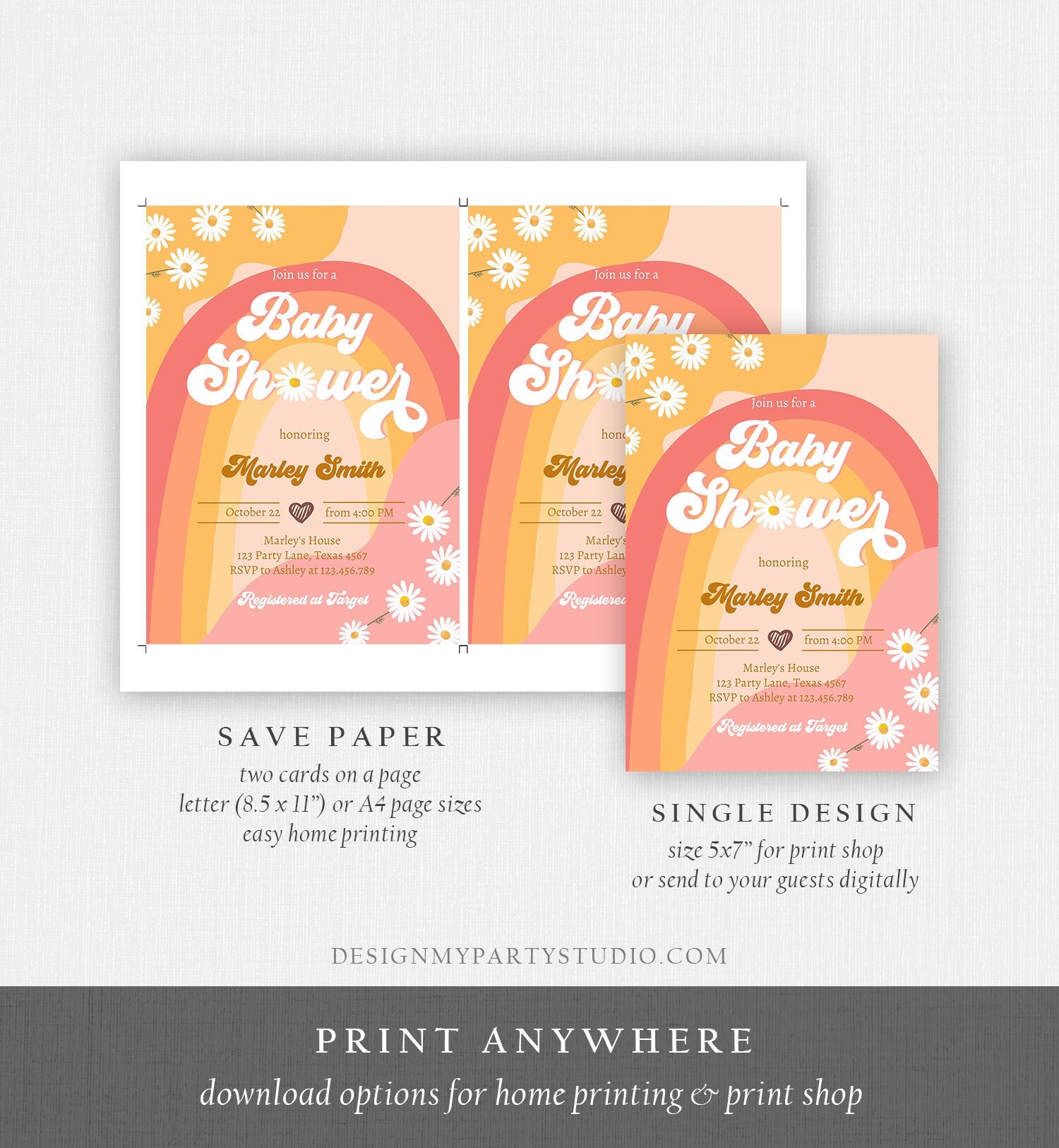 Editable Retro Baby Shower Invitation Boho Daisy Rainbow Flower Power 70's Hippie Bohemian Download Printable Template Corjl Digital 0428