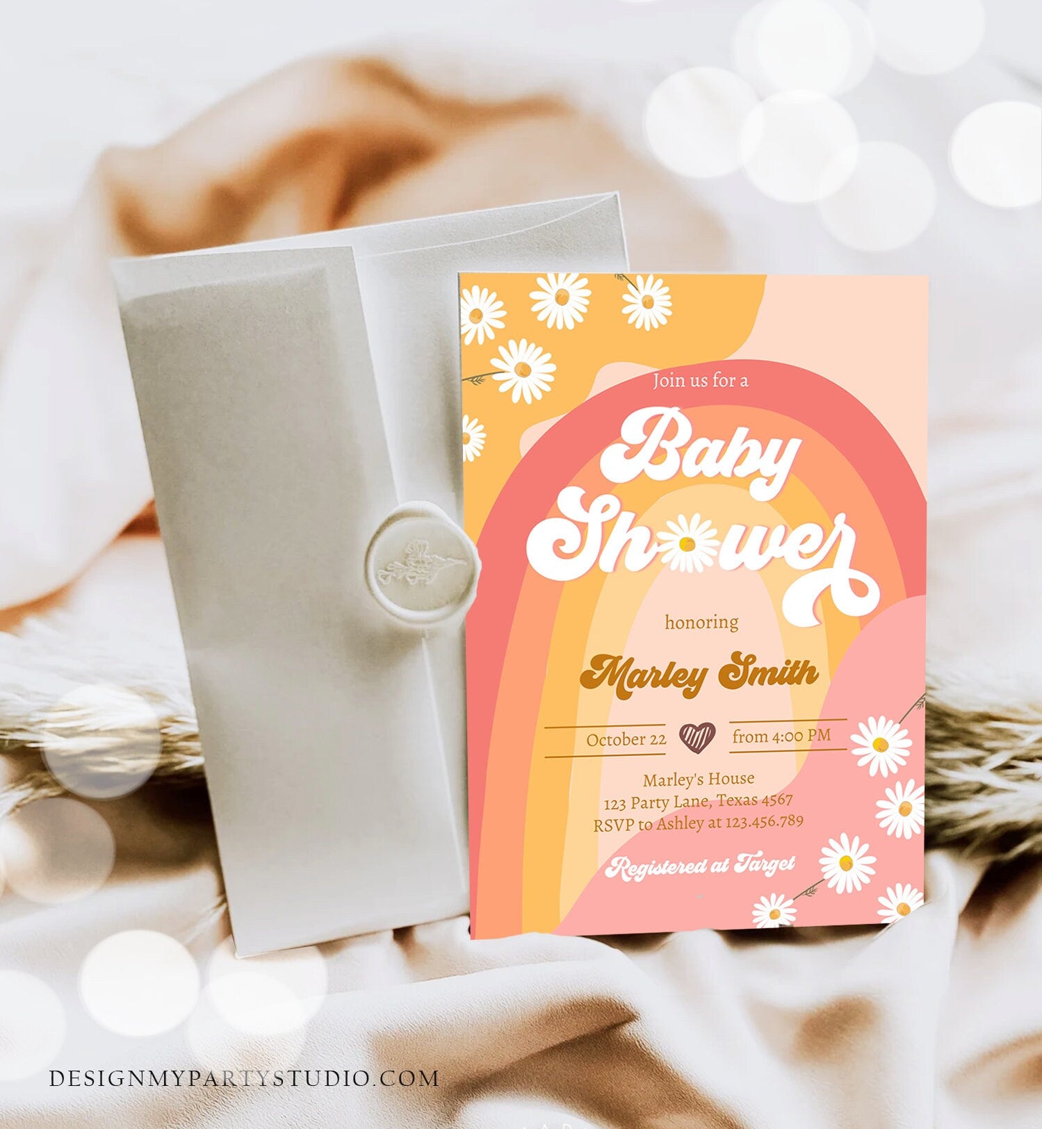 Editable Retro Baby Shower Invitation Boho Daisy Rainbow Flower Power 70's Hippie Bohemian Download Printable Template Corjl Digital 0428