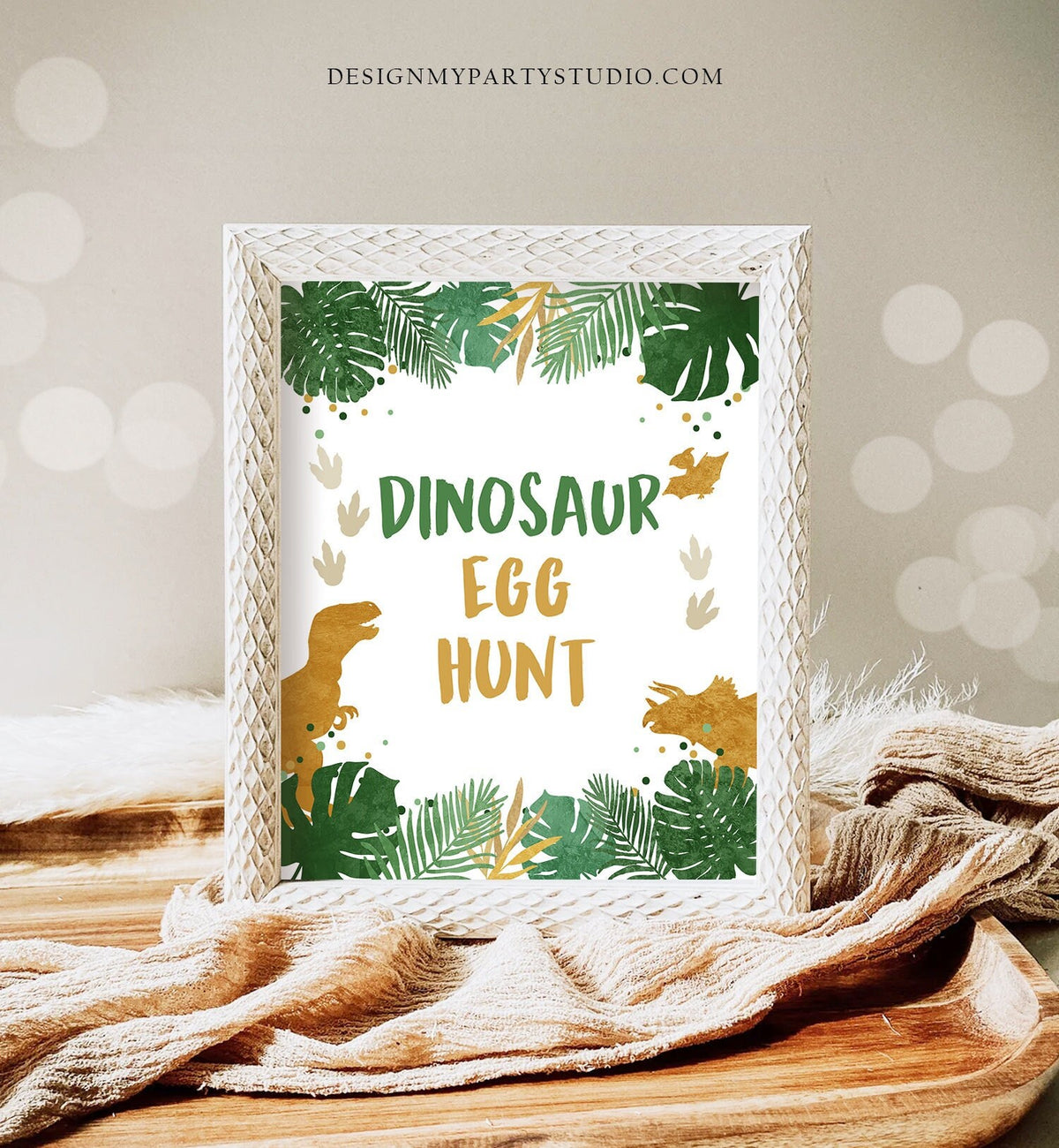 Dinosaur Egg Hunt Sign Table Decor Dino Egg Sign Prehistoric Party Boy Green Gold Favor Table Jungle Dino Party Sign T-Rex PRINTABLE 0146