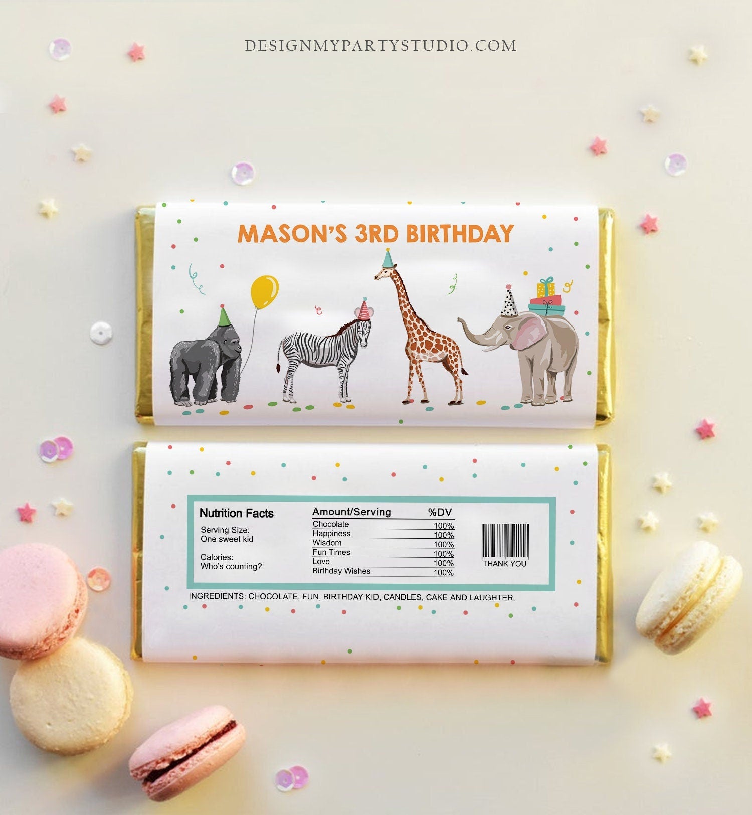 Editable Party Animals Candy Bar Wrapper Safari Animals Birthday Chocolate Bar Wrapper Safari Favors Jungle Template PRINTABLE Corjl 0142