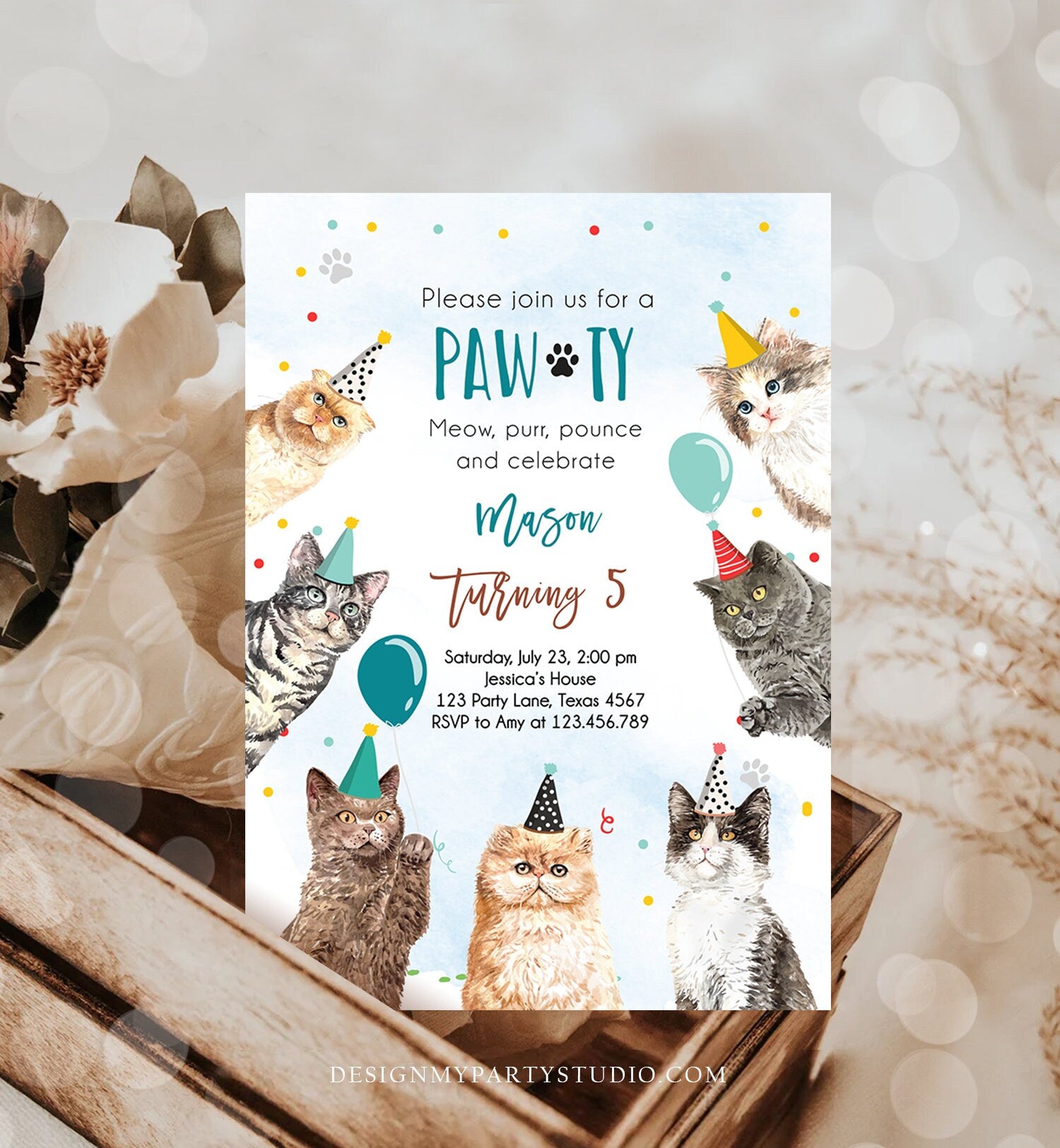 Editable Cat Birthday Party Invitation Kitten Birthday Invite Blue Boy Kitty Cat Invitation Pet Cute Download Printable Template Corjl 0384