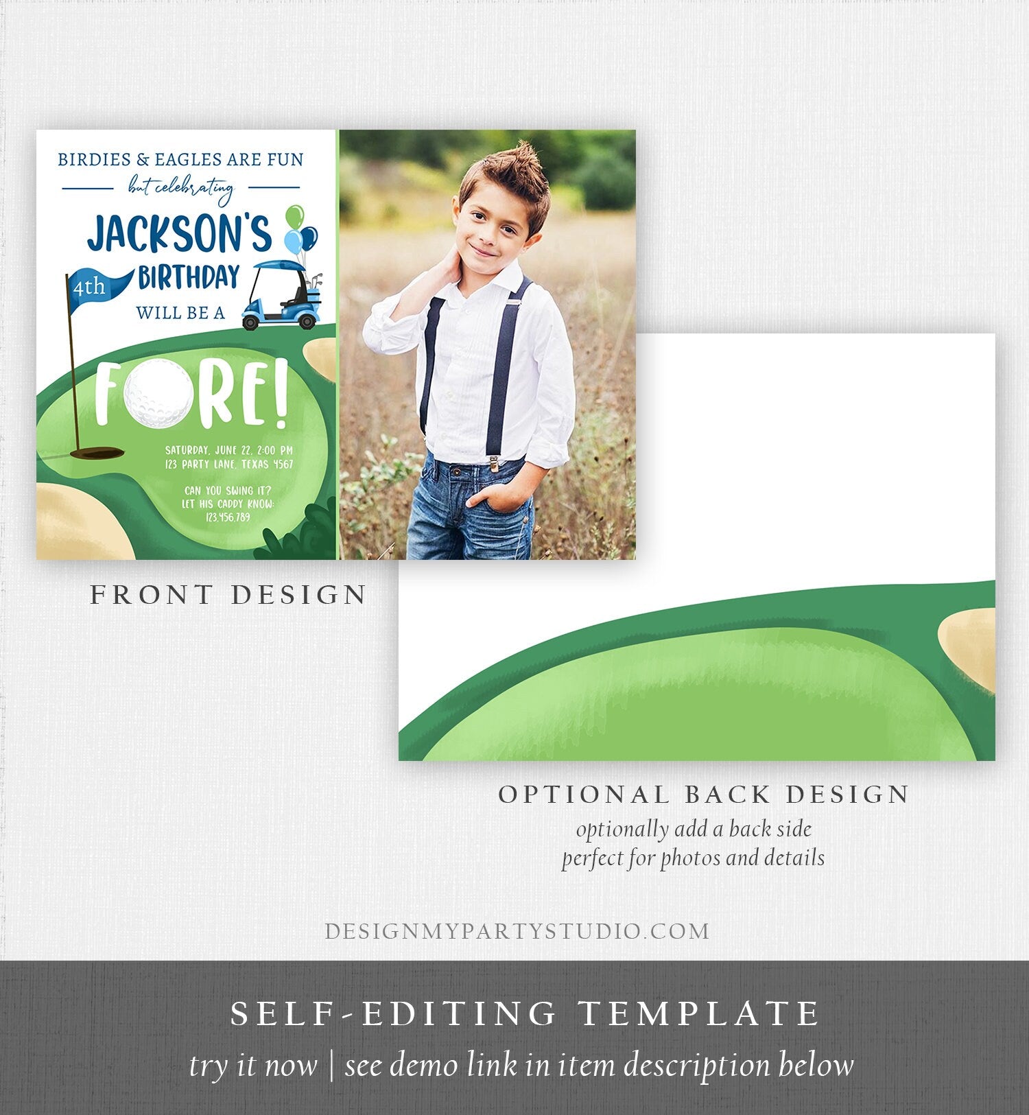 Editable Fore Golf Birthday Invitation Golf Fourth Birthday 4th Par-tee Golf Boy Golfing Digital Download Corjl Template Printable 0405