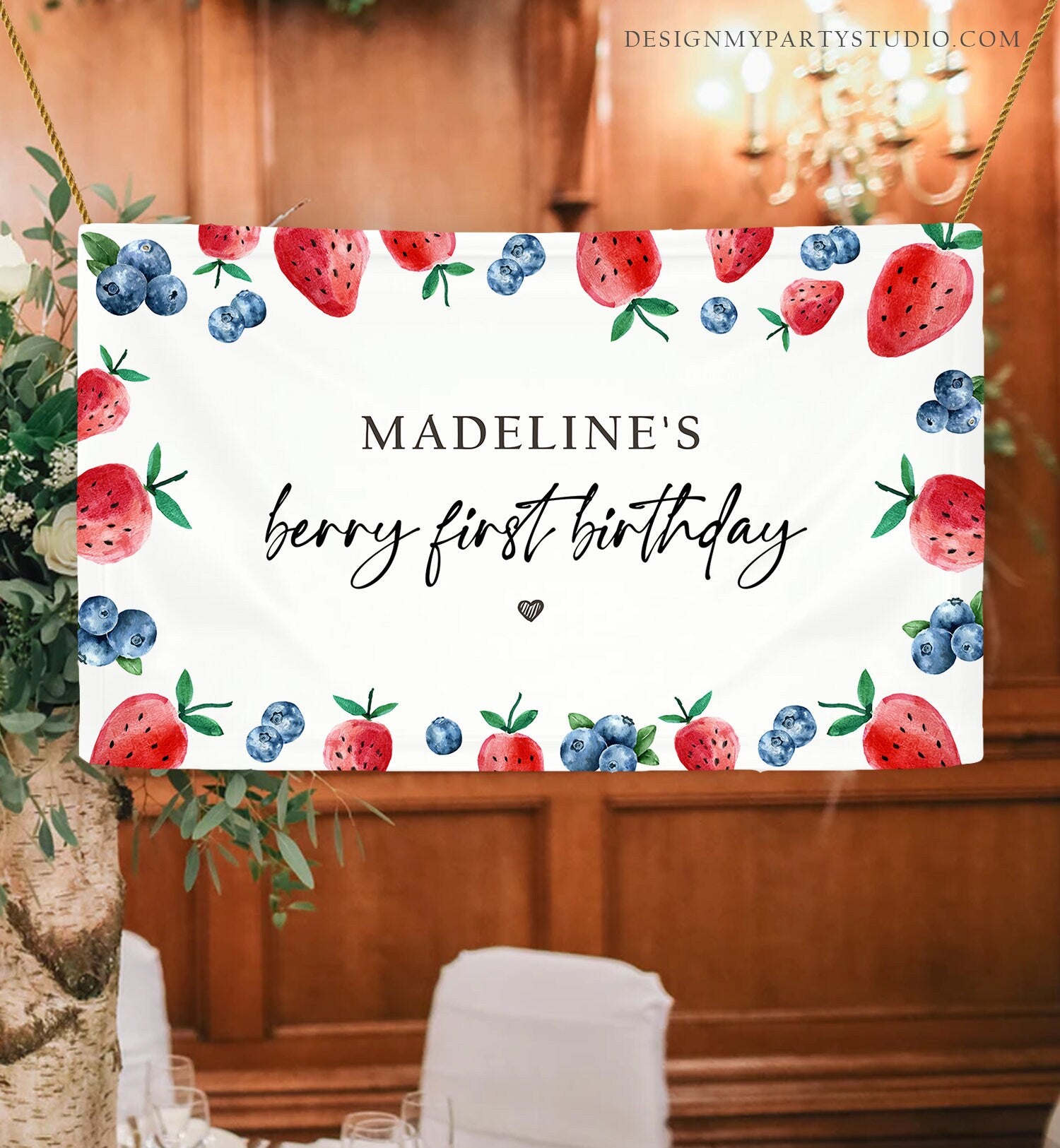 Editable Strawberry Blueberry Backdrop Banner Berry First Birthday Girl Strawberries Berry Sweet Download Corjl Template Printable 0399