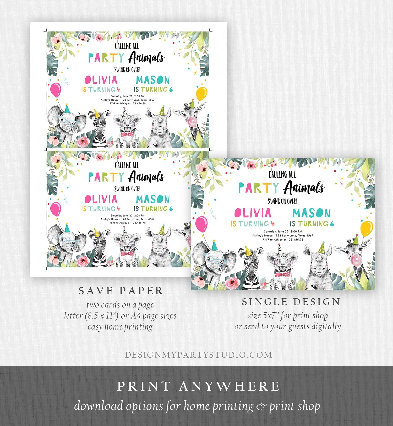 Editable Party Animals Birthday Invitation Wild One Safari Animals ANY AGE Boy Girl Siblings Combined Joint Digital Template Printable 0322