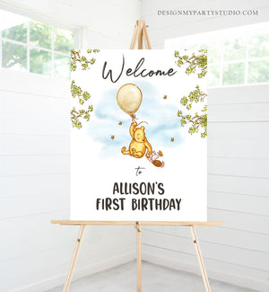 Editable Winnie The Pooh Welcome Sign Pooh Birthday Gender Neutral Classic Winnie The Pooh Party Decor Sign Corjl Template Printable 0425