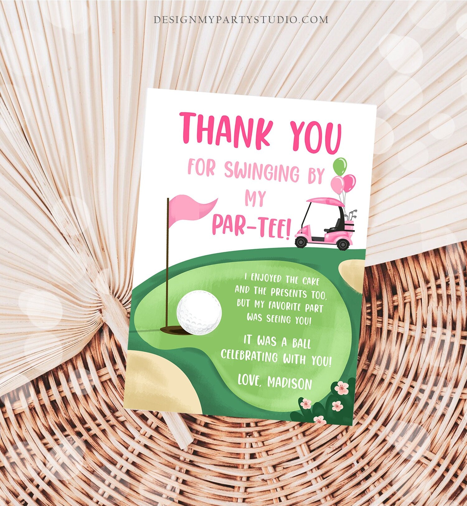 Editable Golf Thank You Card Golfing Birthday Par-tee Swinging By Hole in One Golf Court Girl Pink Cart Digital Template Printable 0405