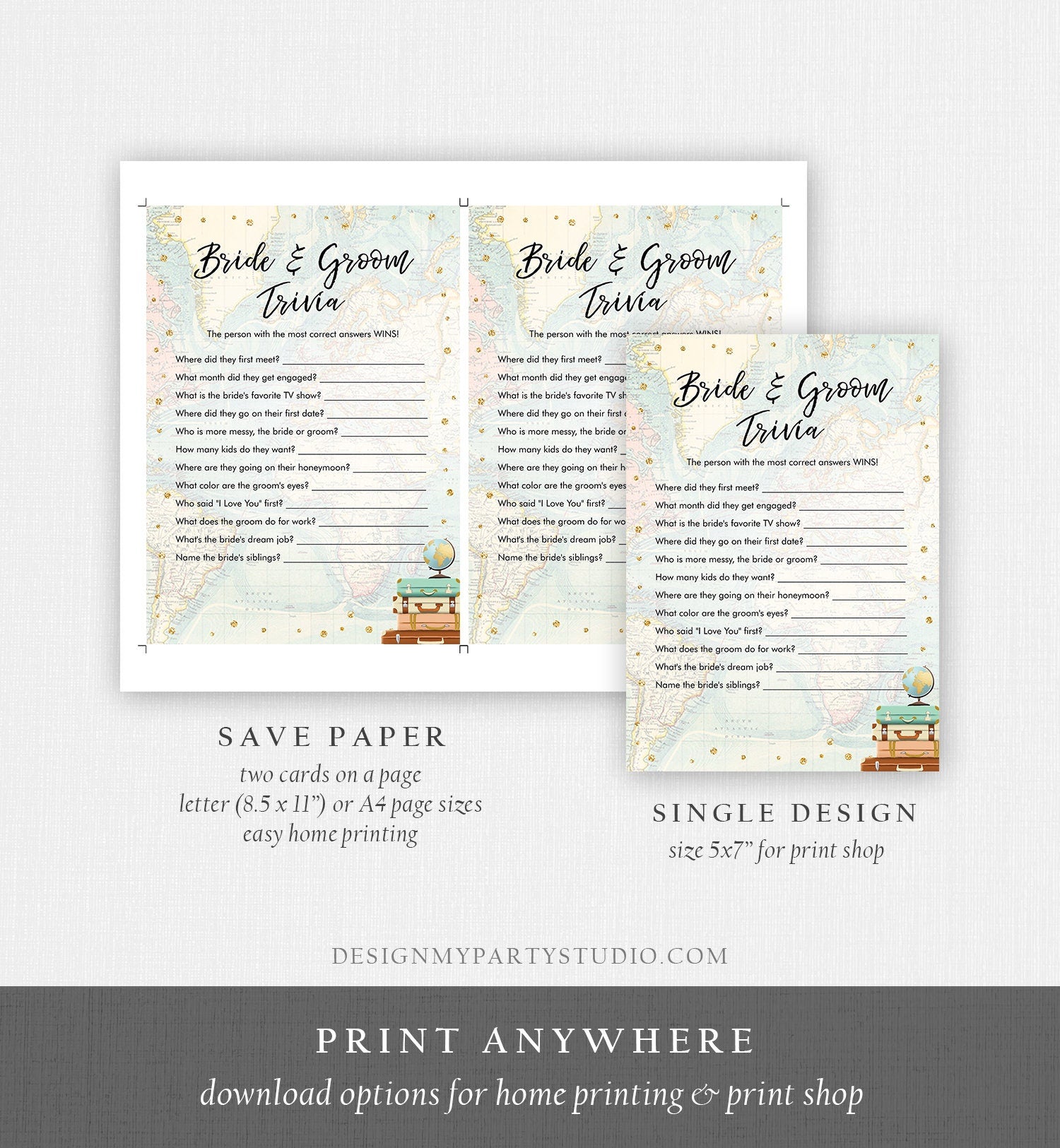 Editable Bride and Groom Trivia Bridal Shower Game Travel Adventure Gold Confetti What Did He or She Said Download Corjl Printable 0263