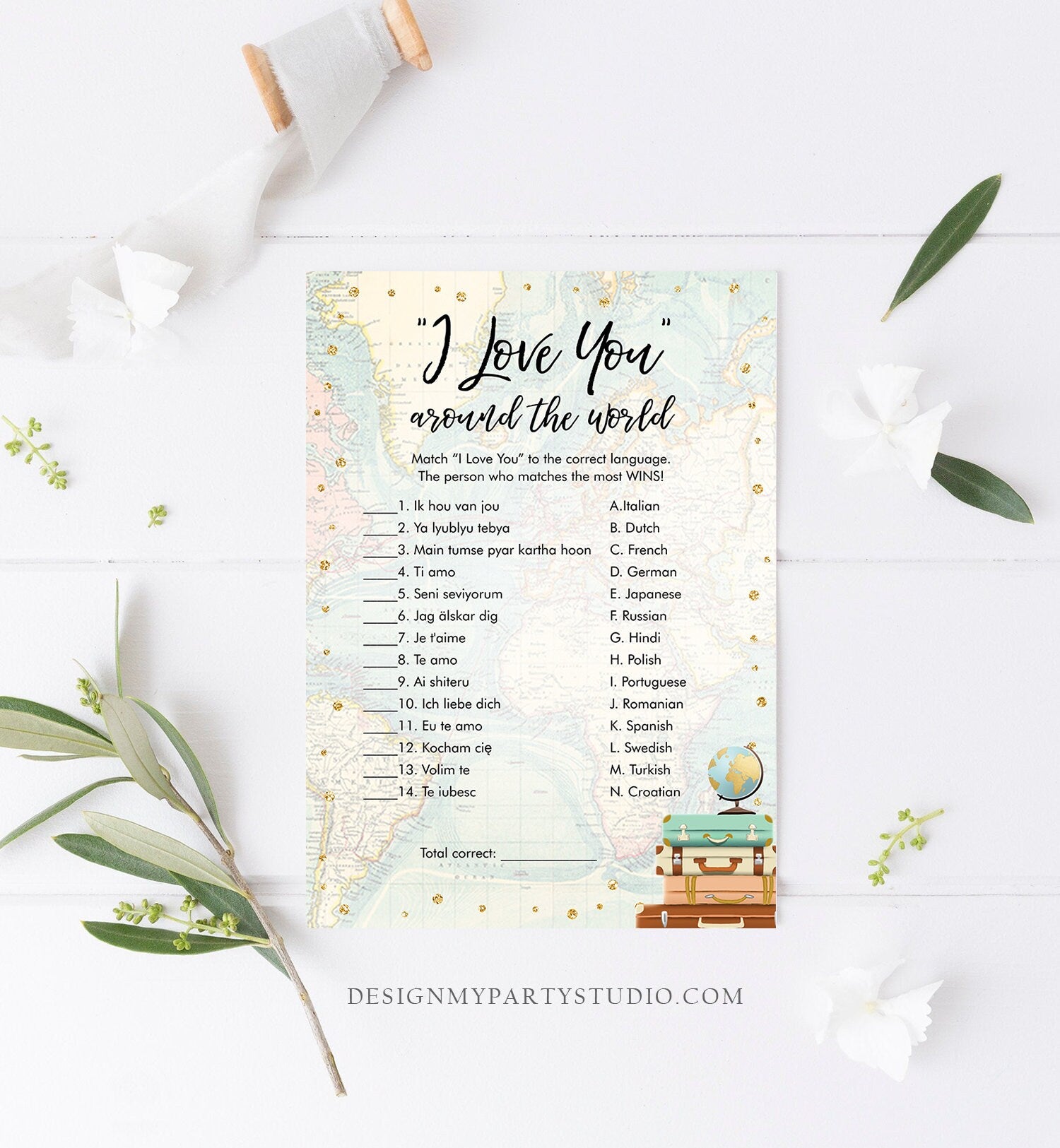 Editable Travel Bridal Shower Game I Love You Around the World Travel Adventure Wedding Activity Bachelorette Corjl Template Printable 0263