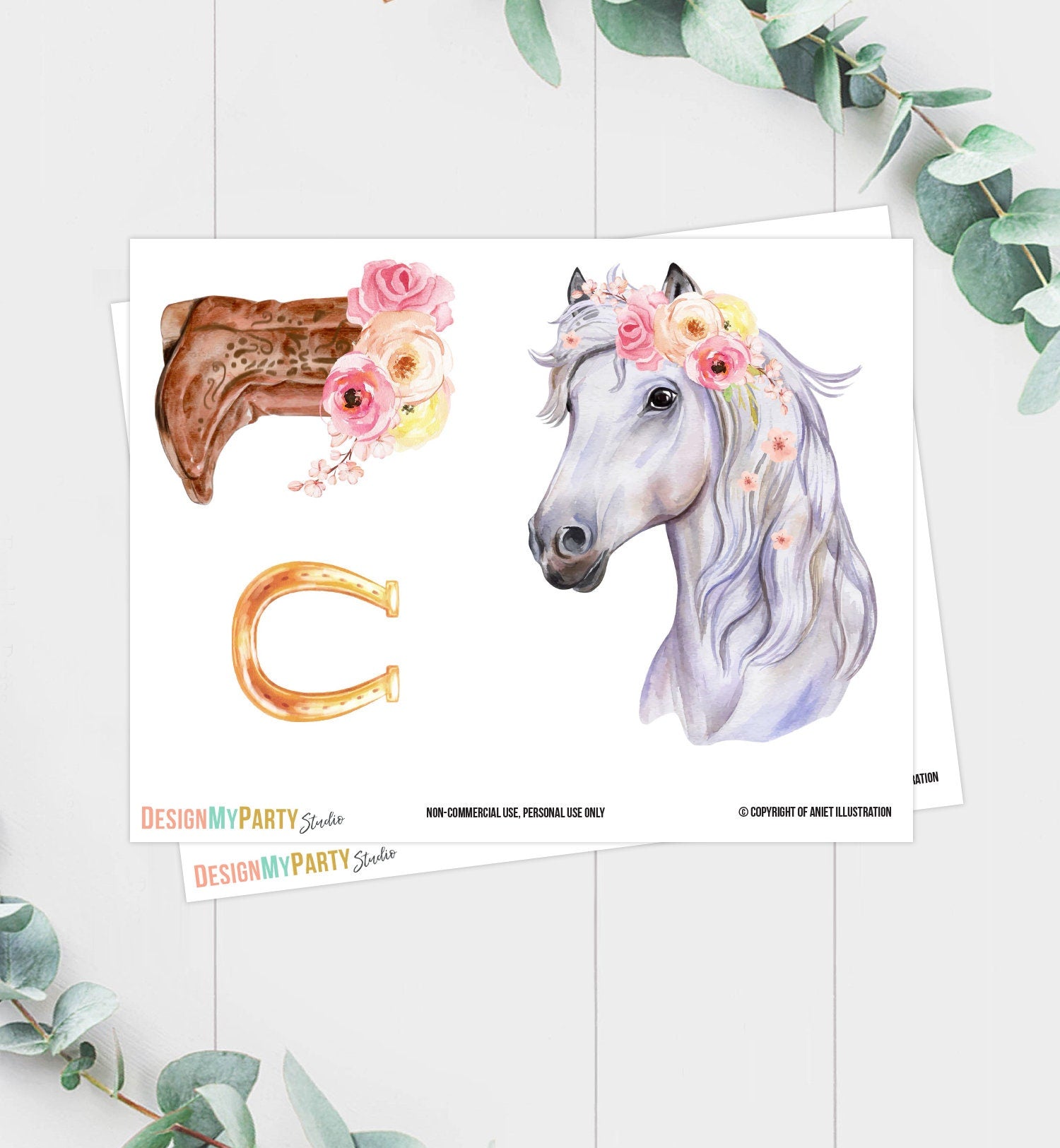 Printable Horse Cake Topper Horse Centerpieces Saddle Up Watercolor Cowgirl Party Girl Pony Birthday Decoration Floral Download Digital 0408