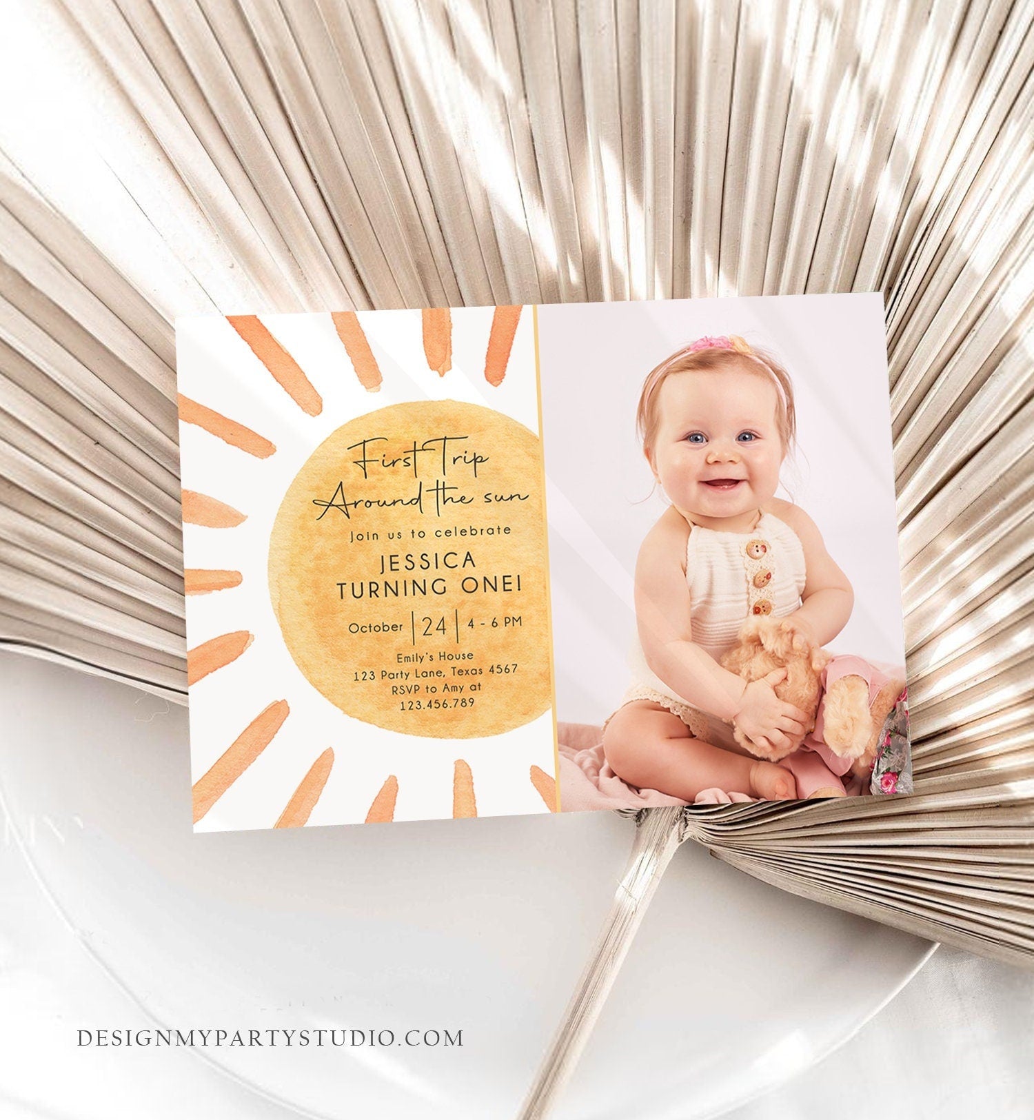 Editable First Trip Around The Sun Birthday Invitation 1st Birthday Summer Sunshine Boho Download Printable Template Digital Corjl 0431