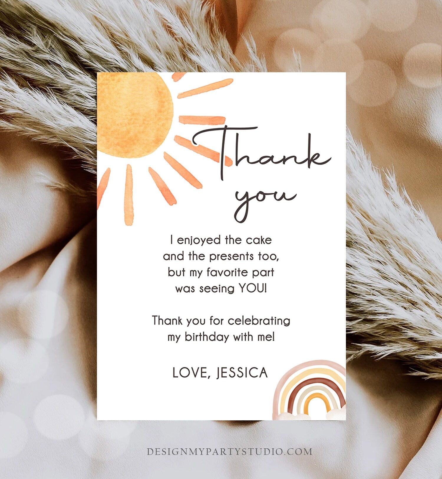 Editable Sun Thank You Card Sun Birthday Party Thank You Note Sunshine 1st Trip Around the Sun Digital Download Template Printable 0431