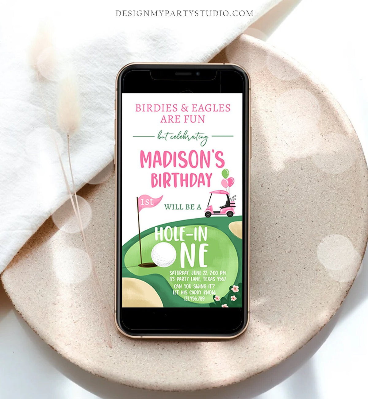 Editable Hole in One Birthday Evite Golf First Birthday Par-tee Golf Invite Girl Golf Download Electronic Phone Template Digital Corjl 0405