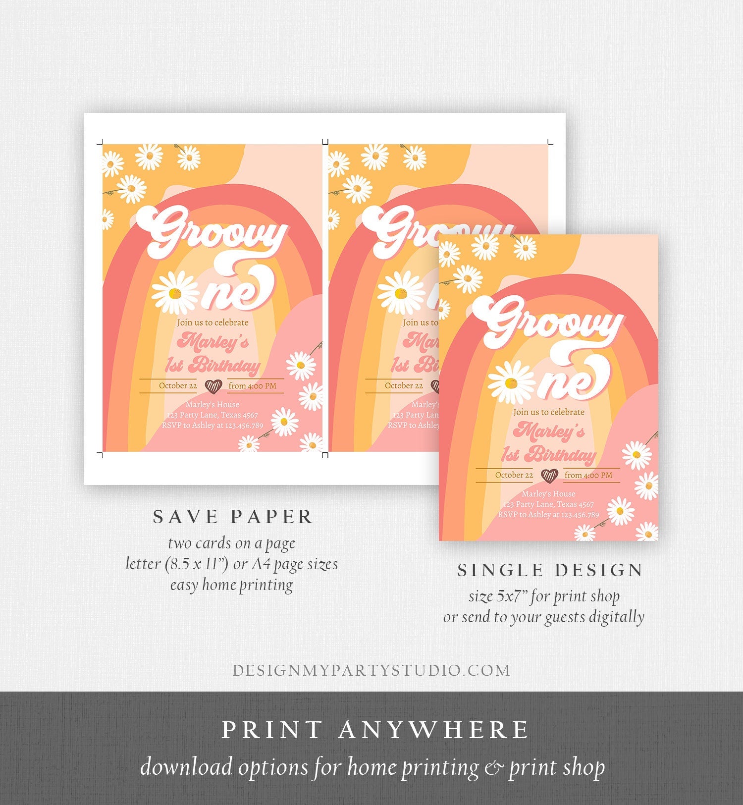 Editable Groovy One Retro 1st Birthday Invitation First Birthday Retro Floral 70s Flower Power Festival Download Template Corjl Digital 0428