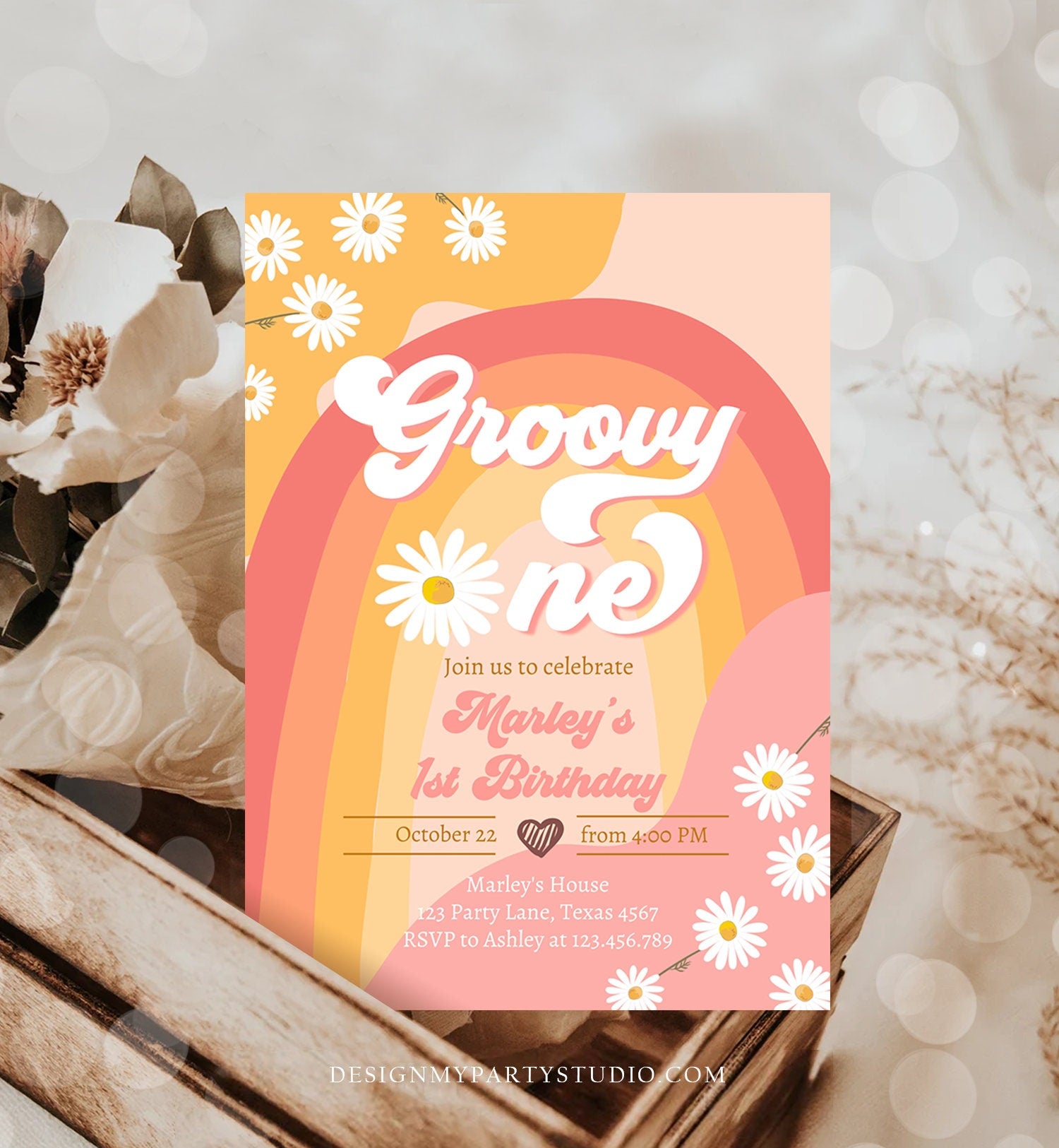 Editable Groovy One Retro 1st Birthday Invitation First Birthday Retro Floral 70s Flower Power Festival Download Template Corjl Digital 0428