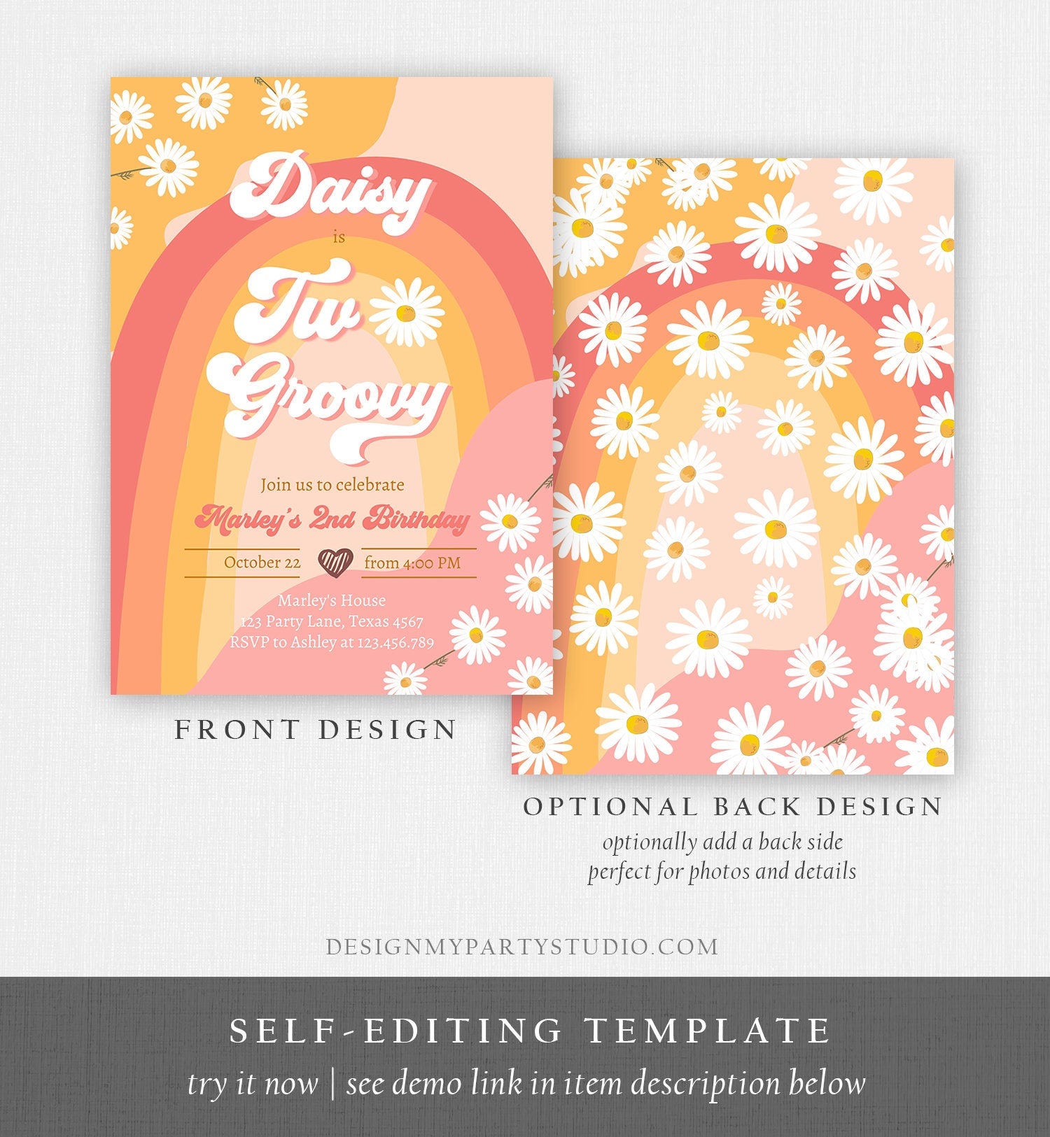 Editable Two Groovy Birthday Party Invitation 2nd Birthday Boho Retro Flower Power 70's Daisy Download Printable Template Corjl Digital 0428