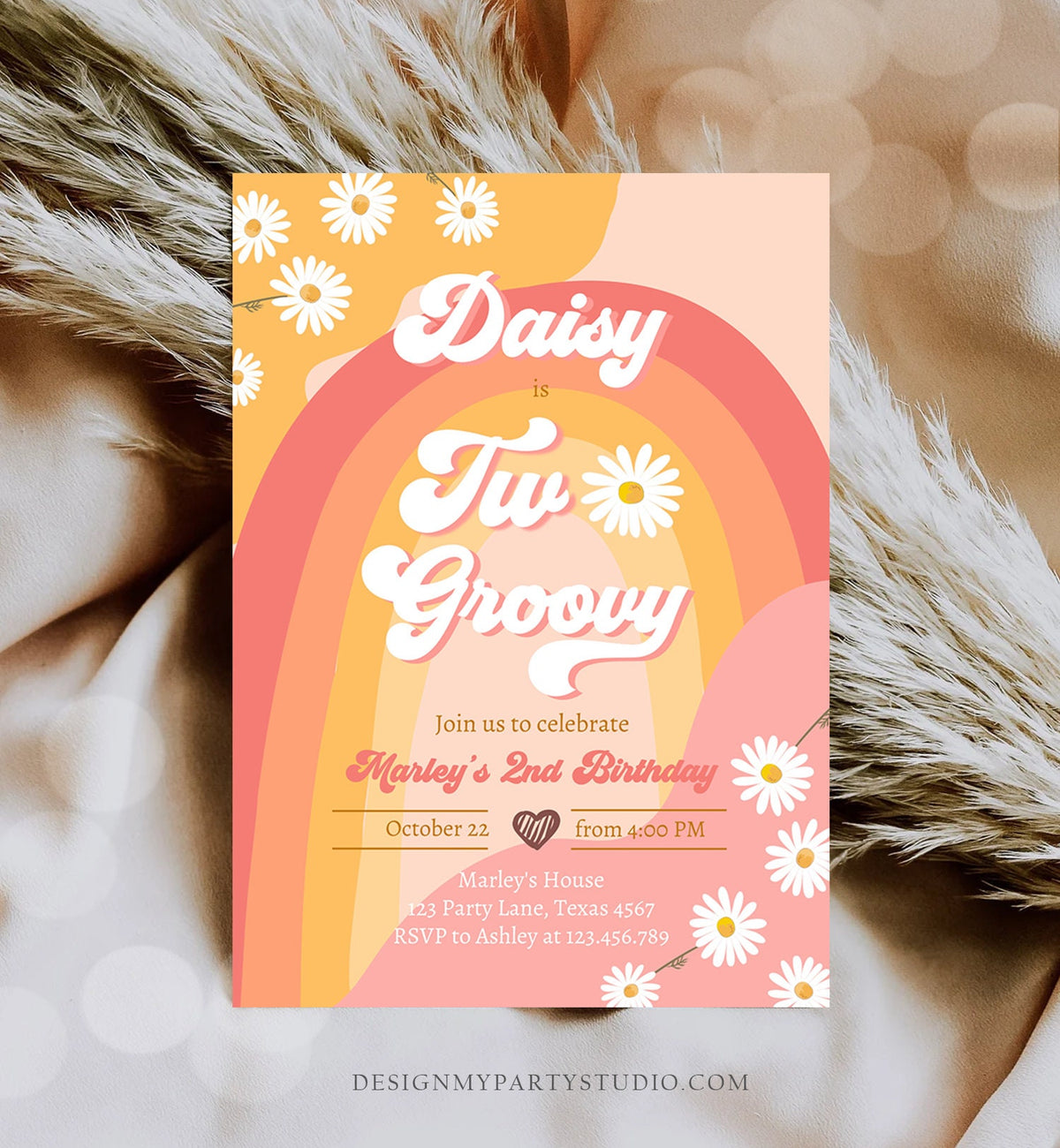 Editable Two Groovy Birthday Party Invitation 2nd Birthday Boho Retro Flower Power 70&#39;s Daisy Download Printable Template Corjl Digital 0428