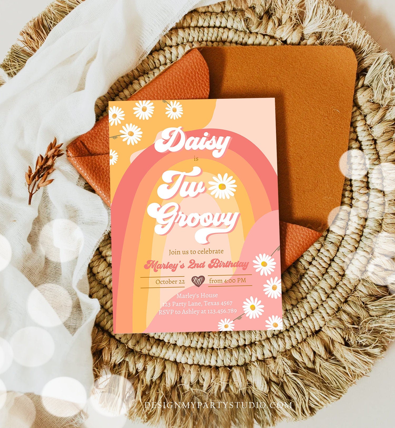 Editable Two Groovy Birthday Party Invitation 2nd Birthday Boho Retro Flower Power 70's Daisy Download Printable Template Corjl Digital 0428