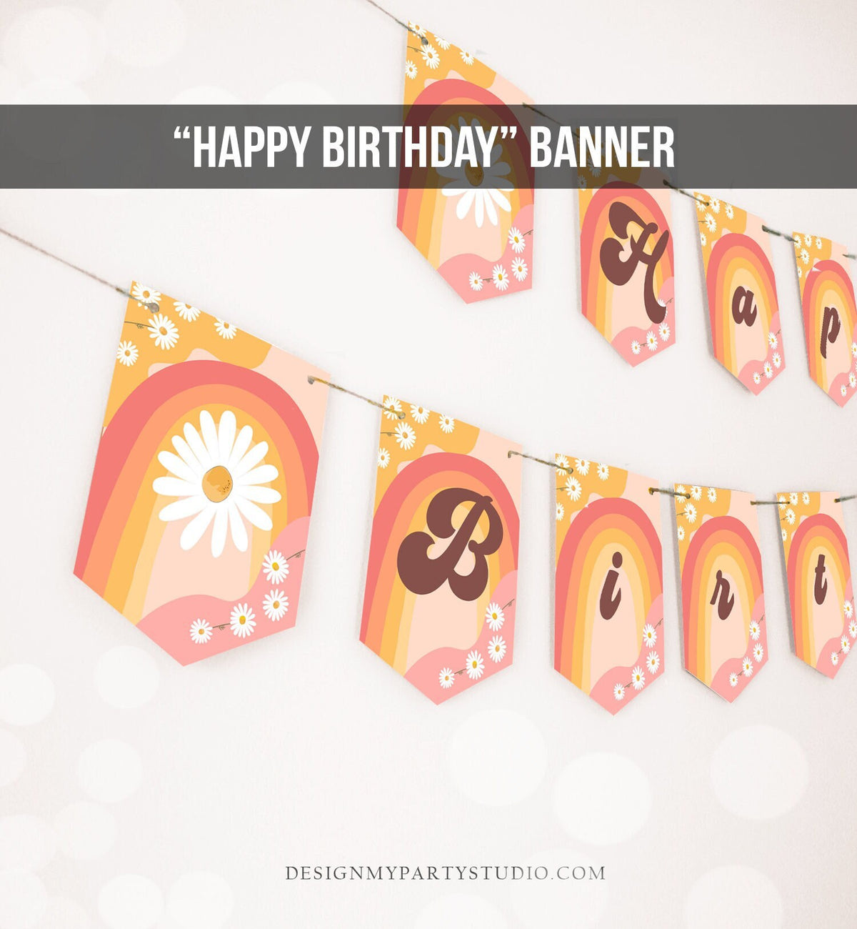 Happy Birthday Banner Daisy Birthday Banner Girl Groovy Birthday Party Decor Boho Retro Floral 70&#39;s Hippie Download PRINTABLE DIGITAL 0428