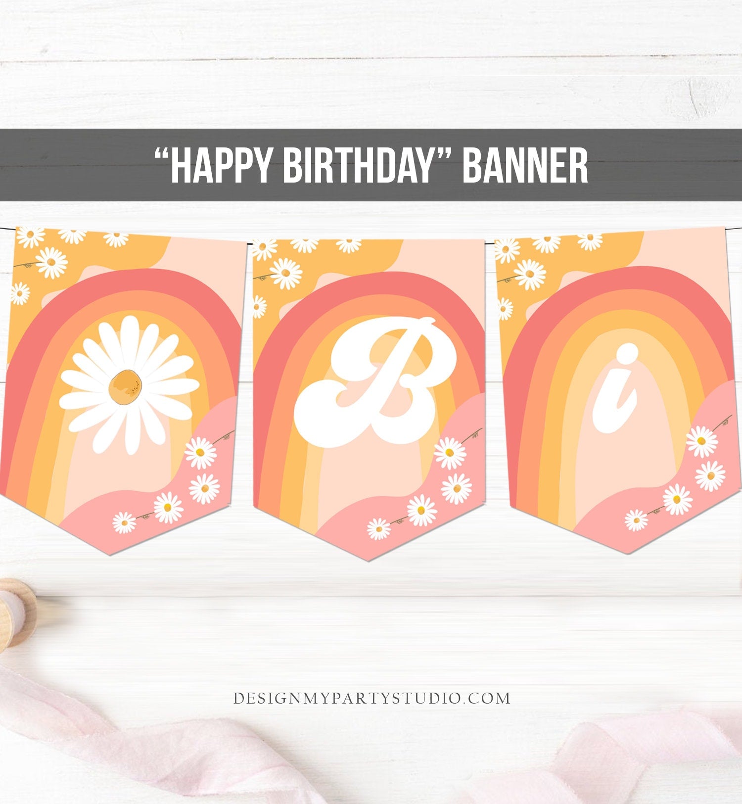 Happy Birthday Banner Daisy Birthday Banner Girl Groovy Birthday Party Decor Boho Retro Floral 70's Hippie Download PRINTABLE DIGITAL 0428