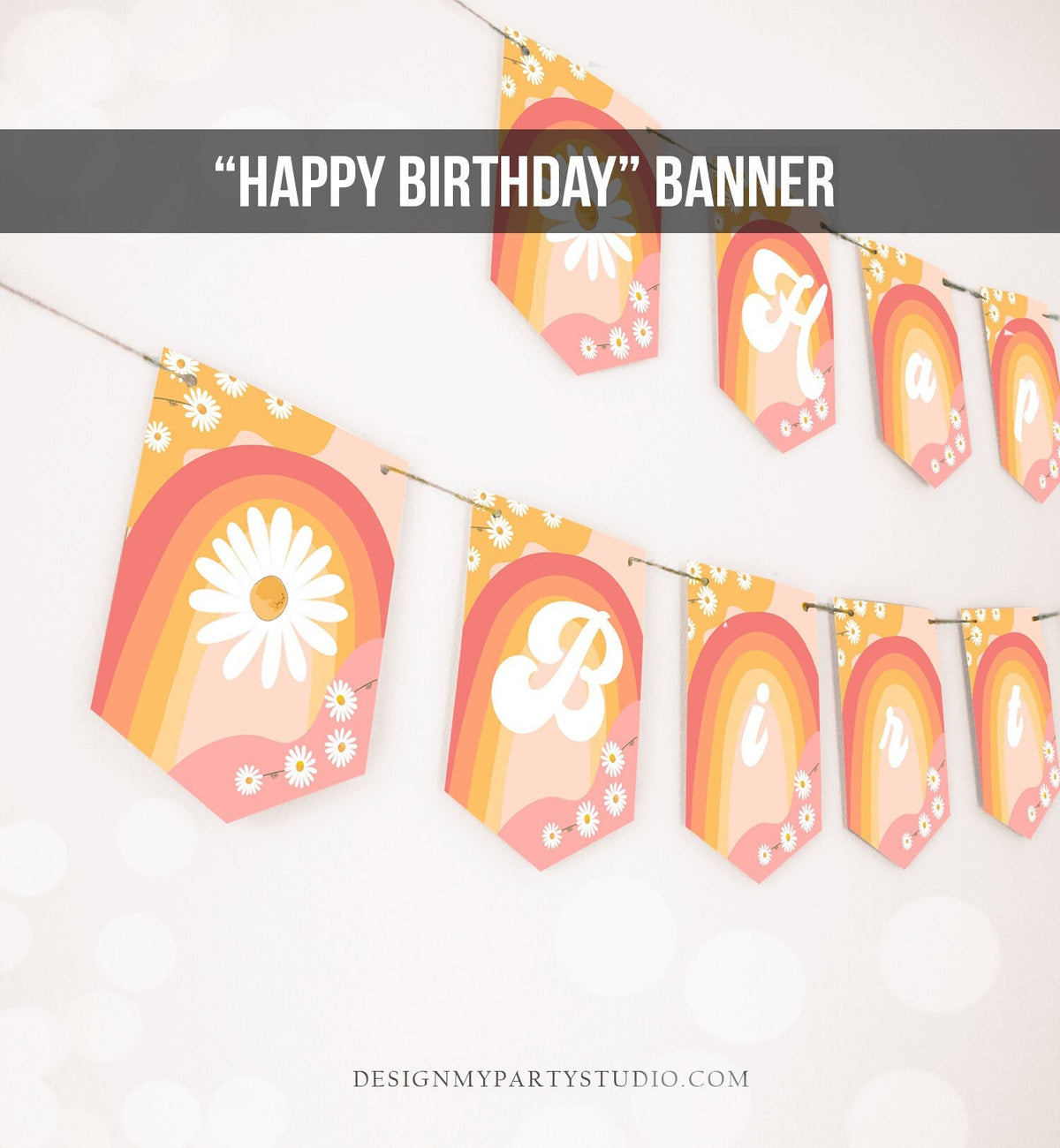 Happy Birthday Banner Daisy Birthday Banner Girl Groovy Birthday Party Decor Boho Retro Floral 70&#39;s Hippie Download PRINTABLE DIGITAL 0428