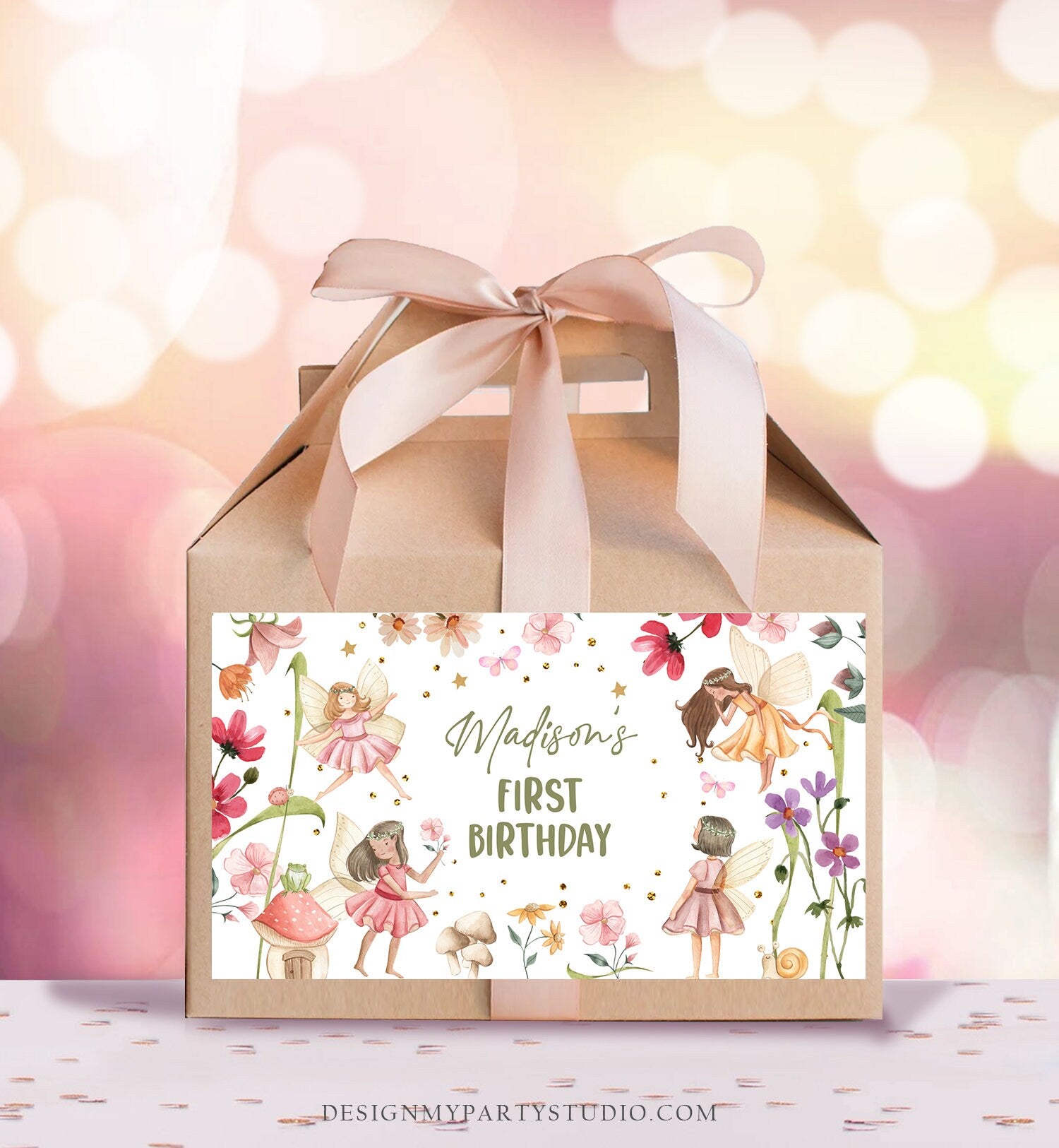 Editable Fairy Birthday Gable Gift Box Label Fantasy Fairies Birthday Favors Girl Treat Box Label Floral Girl Download Printable Corjl 0406