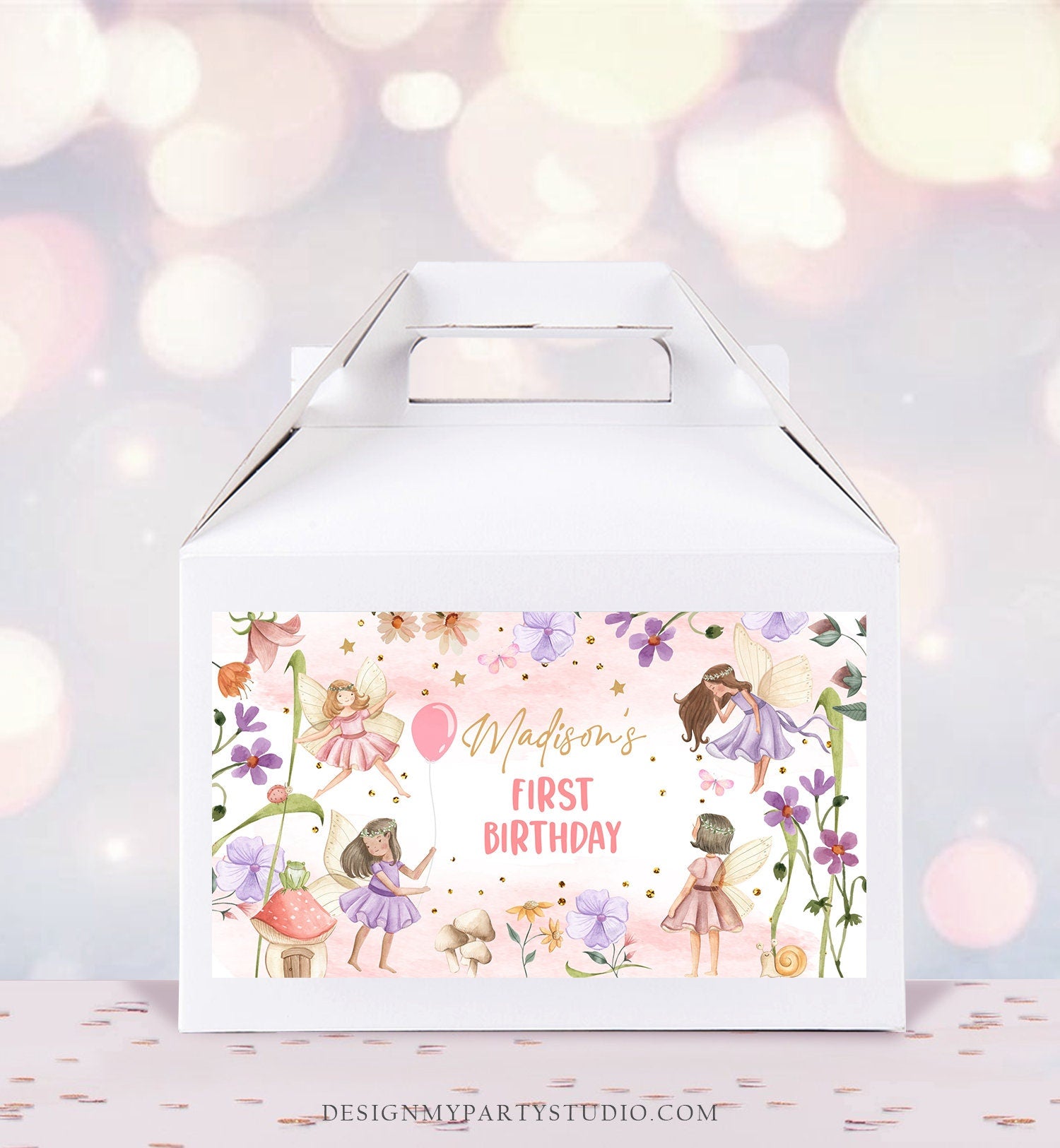 Editable Fairy Birthday Gable Gift Box Label Fantasy Fairies Birthday Favors Girl Treat Box Label Floral Girl Download Printable Corjl 0406