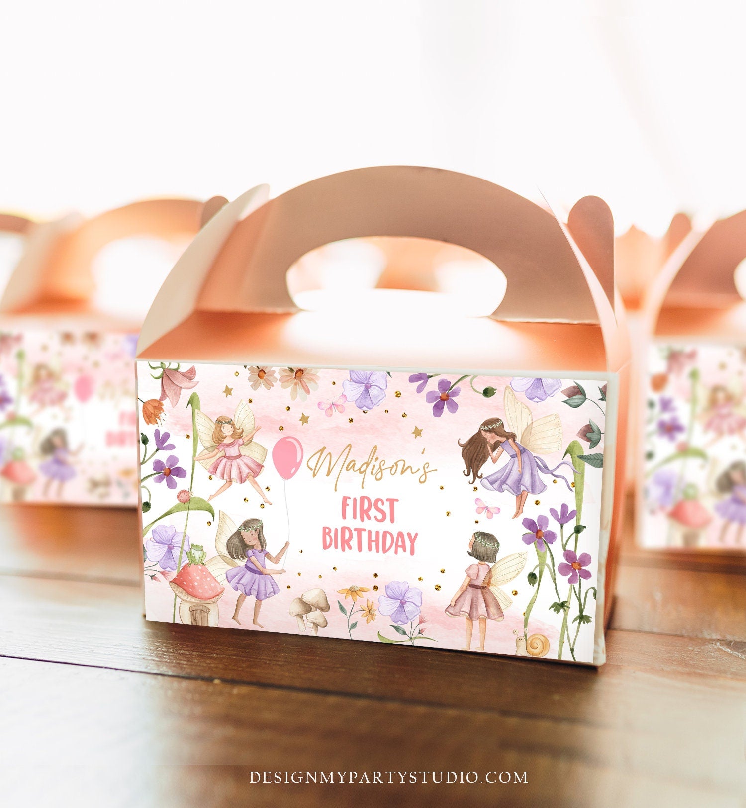 Editable Fairy Birthday Gable Gift Box Label Fantasy Fairies Birthday Favors Girl Treat Box Label Floral Girl Download Printable Corjl 0406