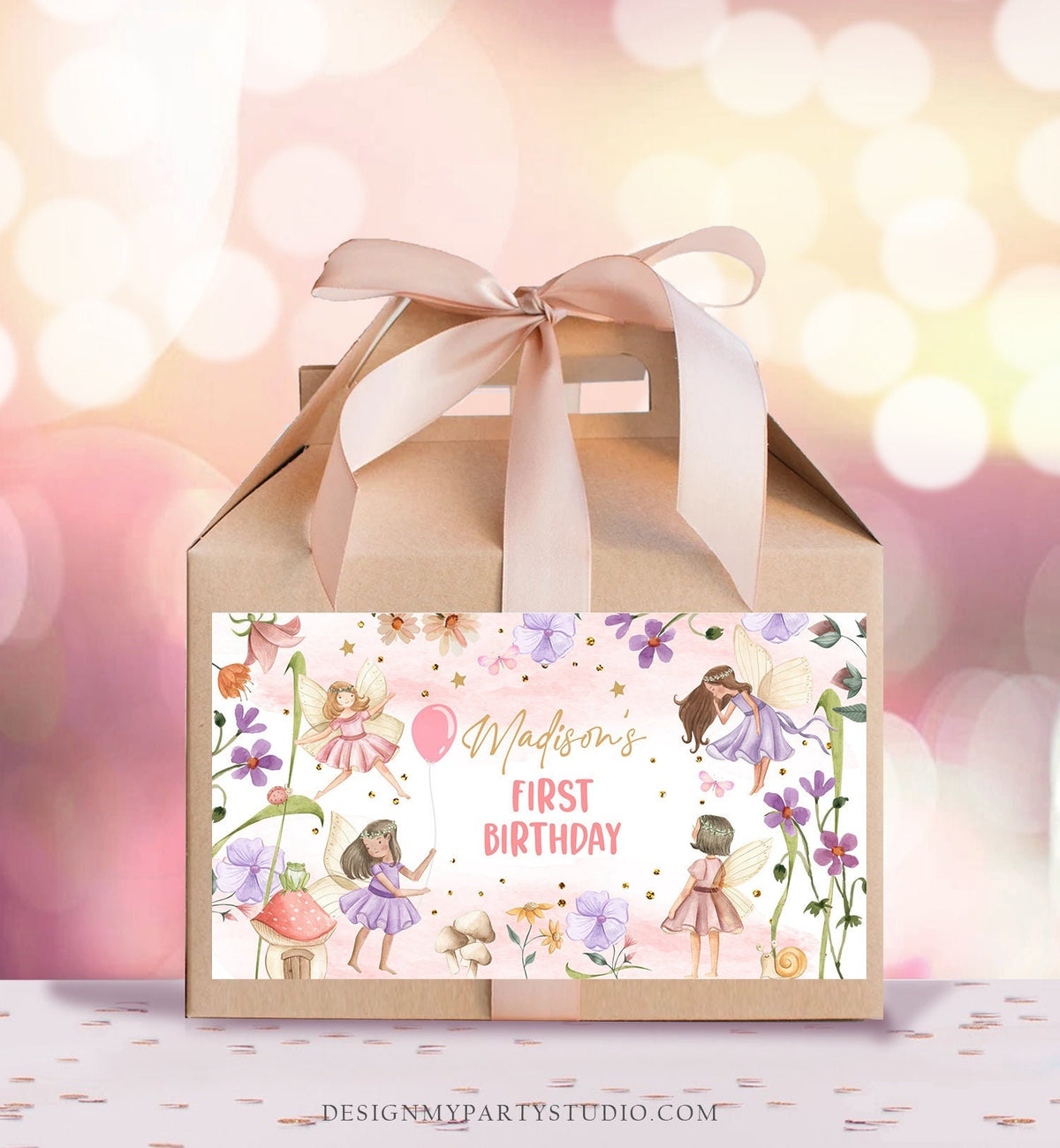 Editable Fairy Birthday Gable Gift Box Label Fantasy Fairies Birthday Favors Girl Treat Box Label Floral Girl Download Printable Corjl 0406