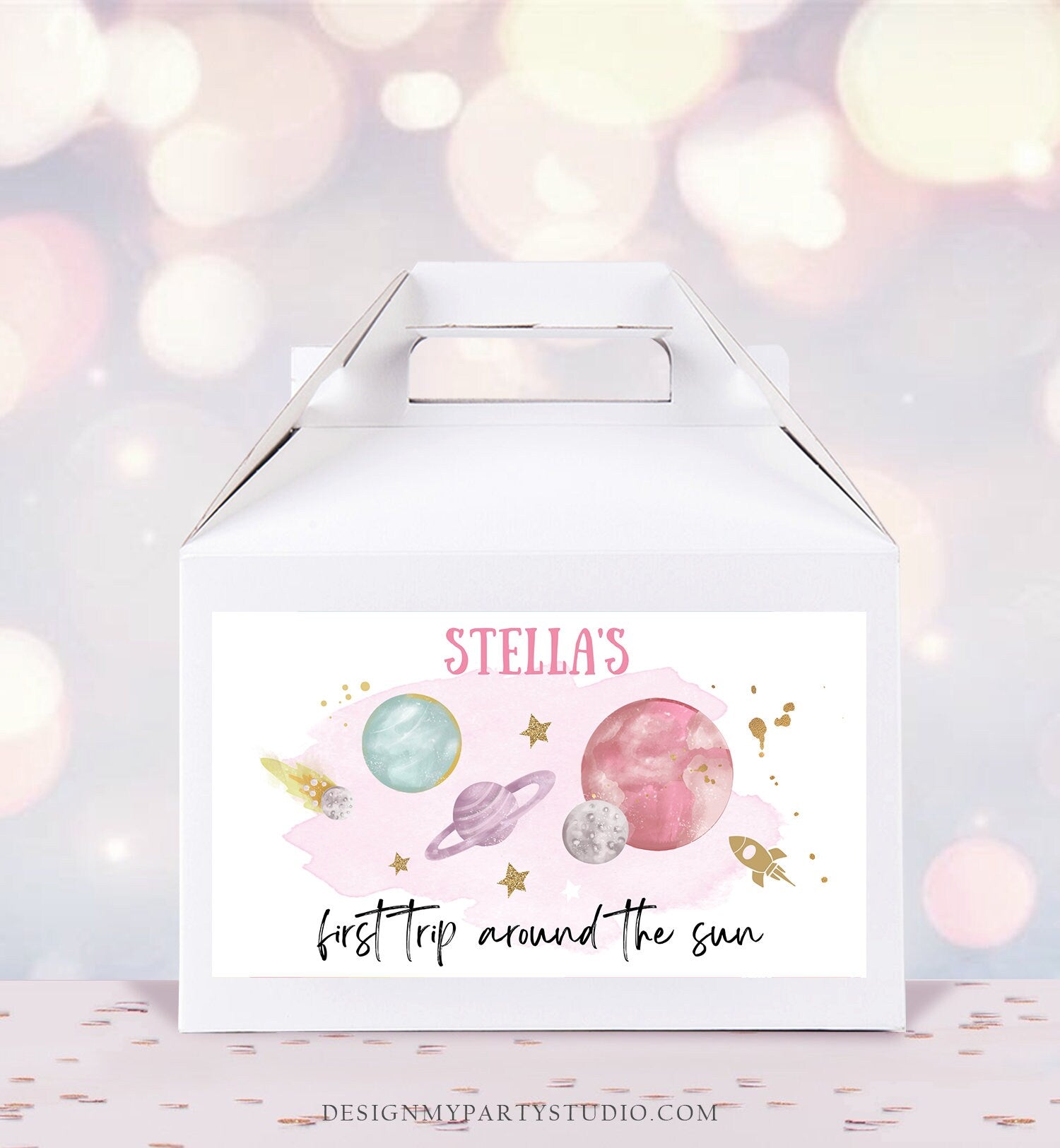 Editable Space Gable Box Label Outer Space Birthday Girl Gift Box Label First Trip Around the Sun Party Favors Download Printable Corjl 0357