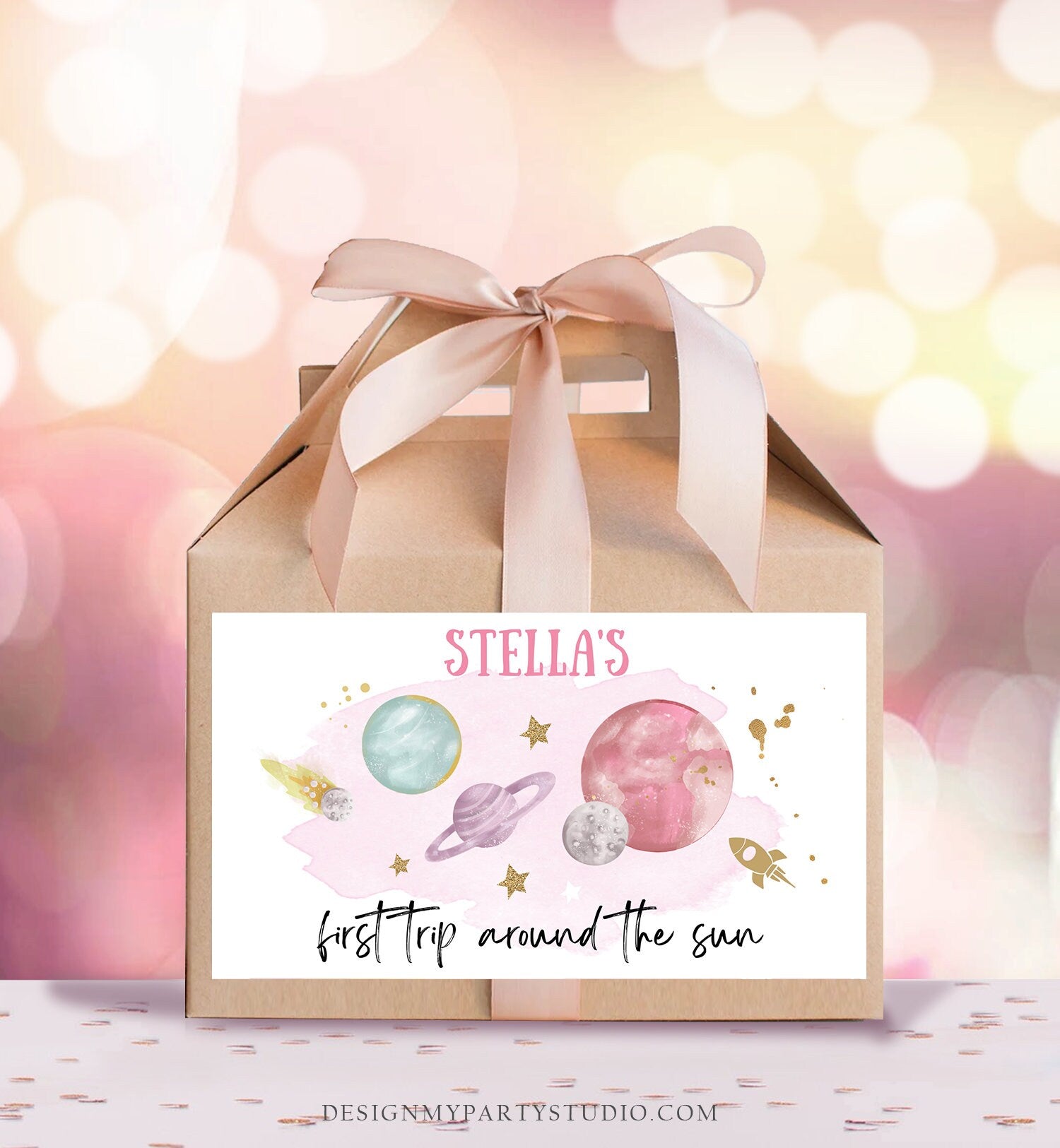 Editable Space Gable Box Label Outer Space Birthday Girl Gift Box Label First Trip Around the Sun Party Favors Download Printable Corjl 0357