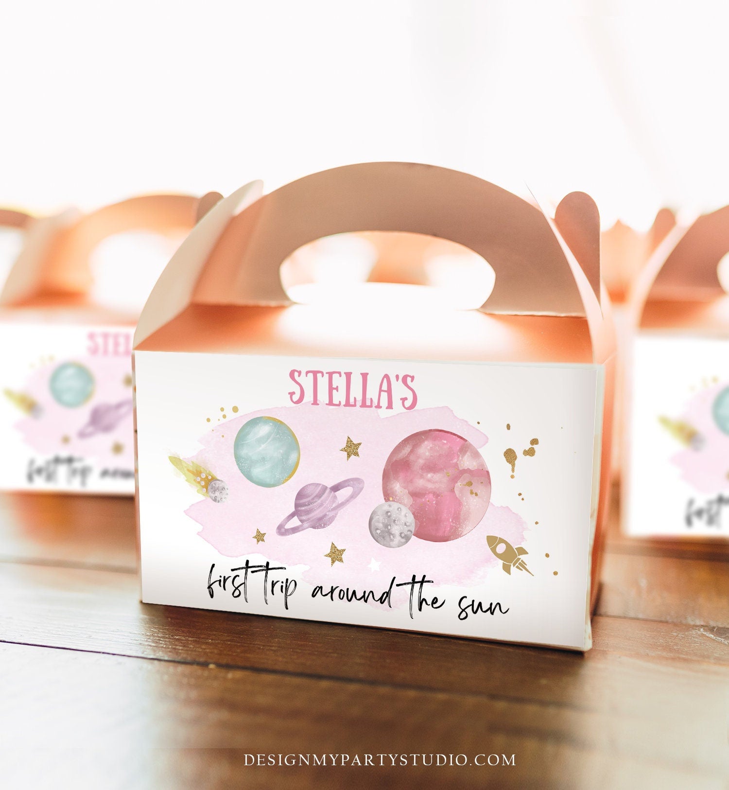 Editable Space Gable Box Label Outer Space Birthday Girl Gift Box Label First Trip Around the Sun Party Favors Download Printable Corjl 0357