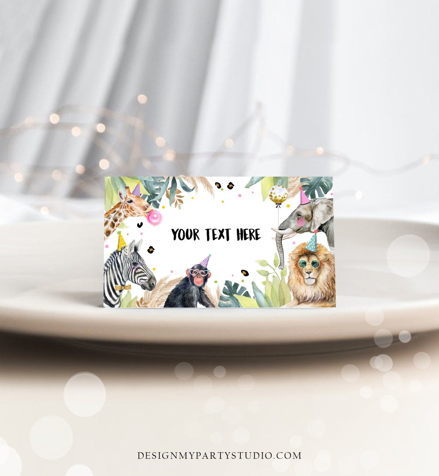 Editable Party Animals Food Labels Wild One Pink Girl Jungle Safari Animals Birthday Place Card Tent Card Escort Template Printable 0417