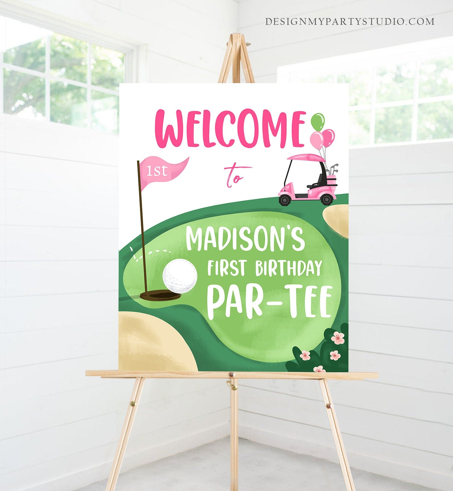 Editable Golf Birthday Welcome Sign 1st Birthday Girl Hole in One Party First Birthday Par-Tee Golfing Golf Template PRINTABLE Corjl 0405