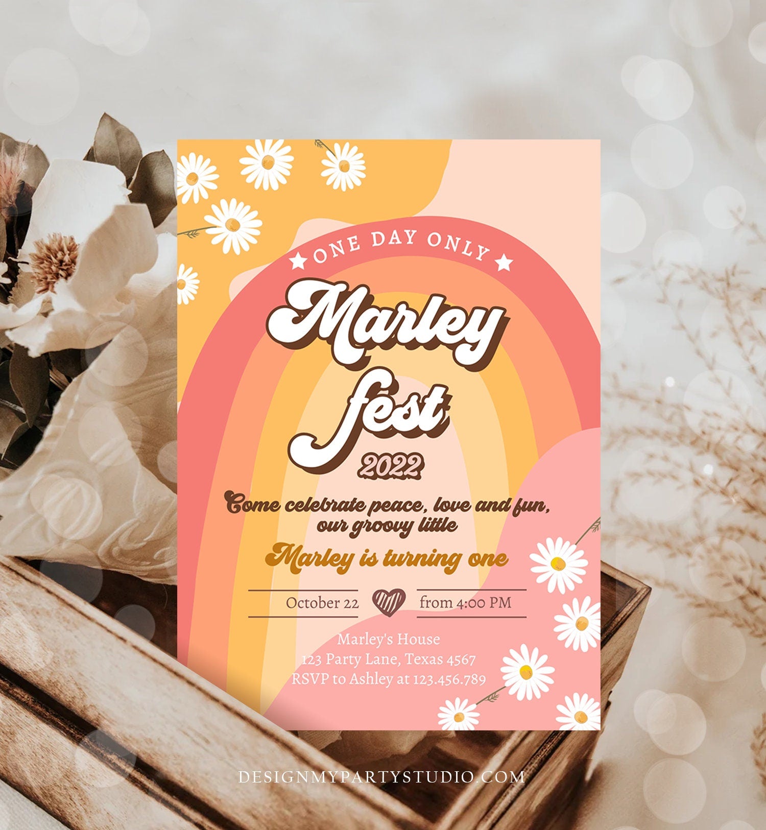 Editable Music Festival Birthday Party Invitation Floral Fest Birthday Seventies Groovy Peace Love Download Template Corjl Digital 0428