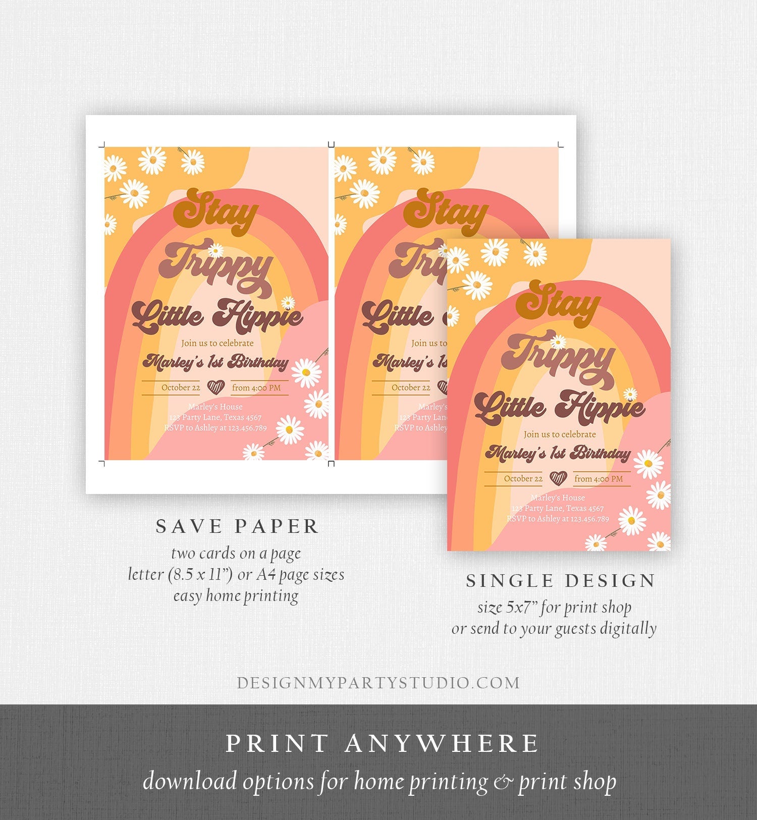 Editable Groovy Retro 1st Birthday Invitation First Birthday Retro Stay Trippy Little Hippie Download Printable Template Corjl Digital 0428