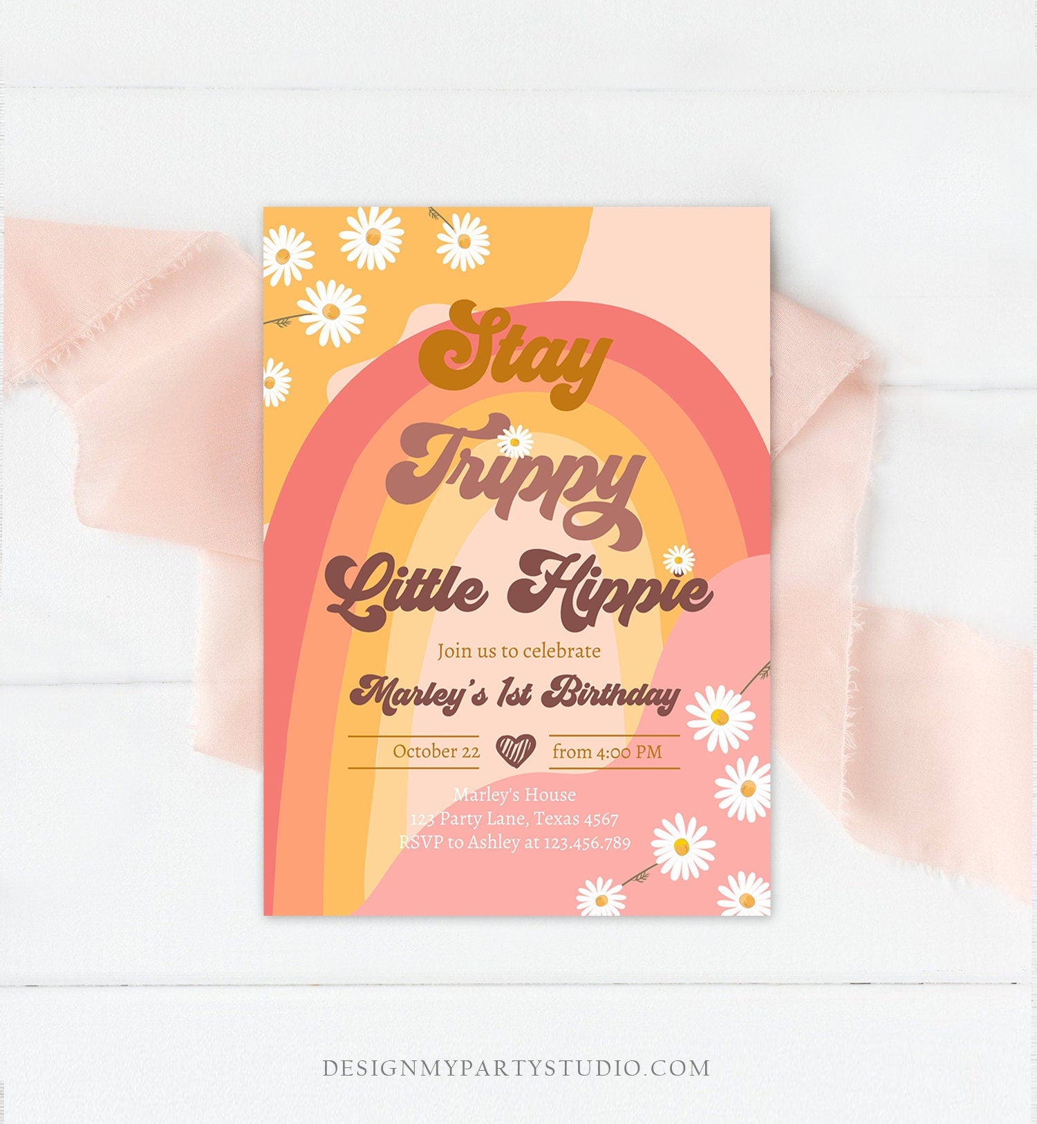 Editable Groovy Retro 1st Birthday Invitation First Birthday Retro Stay Trippy Little Hippie Download Printable Template Corjl Digital 0428