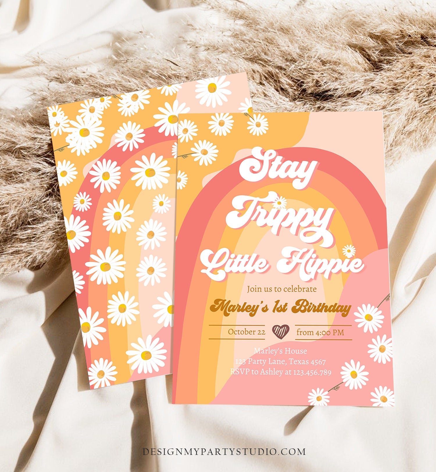 Editable Groovy Retro 1st Birthday Invitation First Birthday Retro Stay Trippy Little Hippie Download Printable Template Corjl Digital 0428