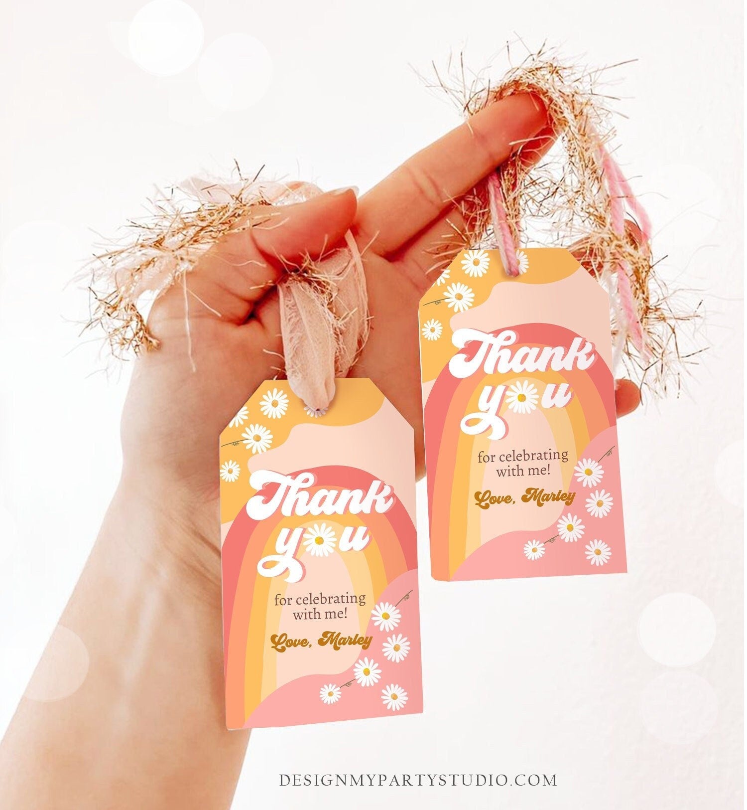 Editable Retro Daisy Favor Tags 1st 2nd Groovy Birthday Thank you Tags Festival Gift tags 70s Floral Hippie Template Corjl PRINTABLE 0428