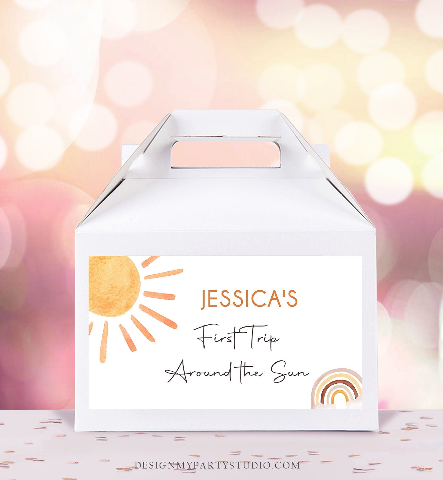 Editable Sun Birthday Party Gable Box Favor Label Boho Sun Gift Box Labels Sunshine First Trip Around the Sun Download Printable Corjl 0431