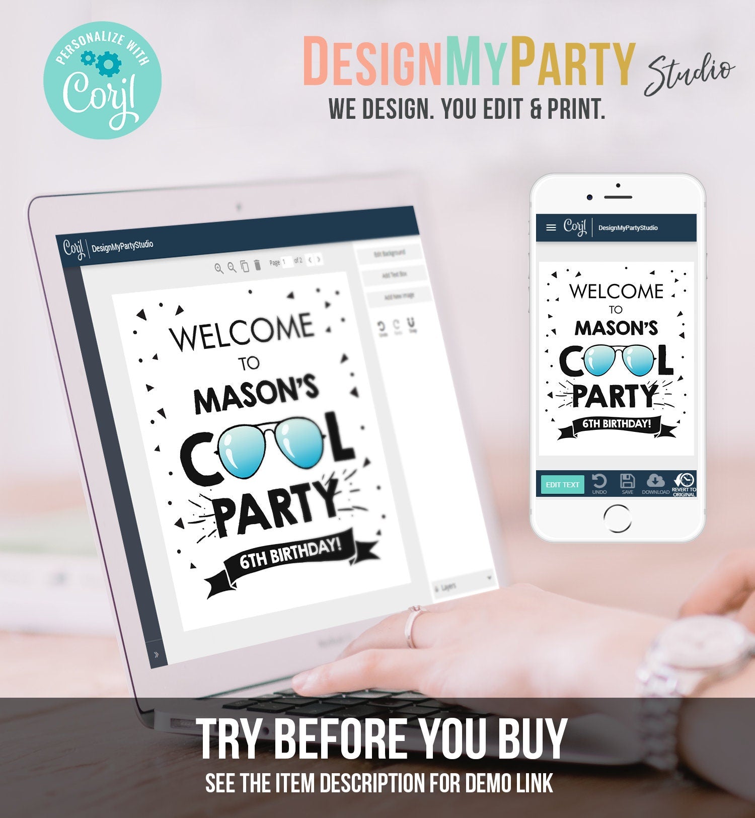 Editable Birthday Party Welcome Sign Boy Birthday Two Cool I'm This Many Sunglasses One Cool Dude Digital Download Template Printable 0136