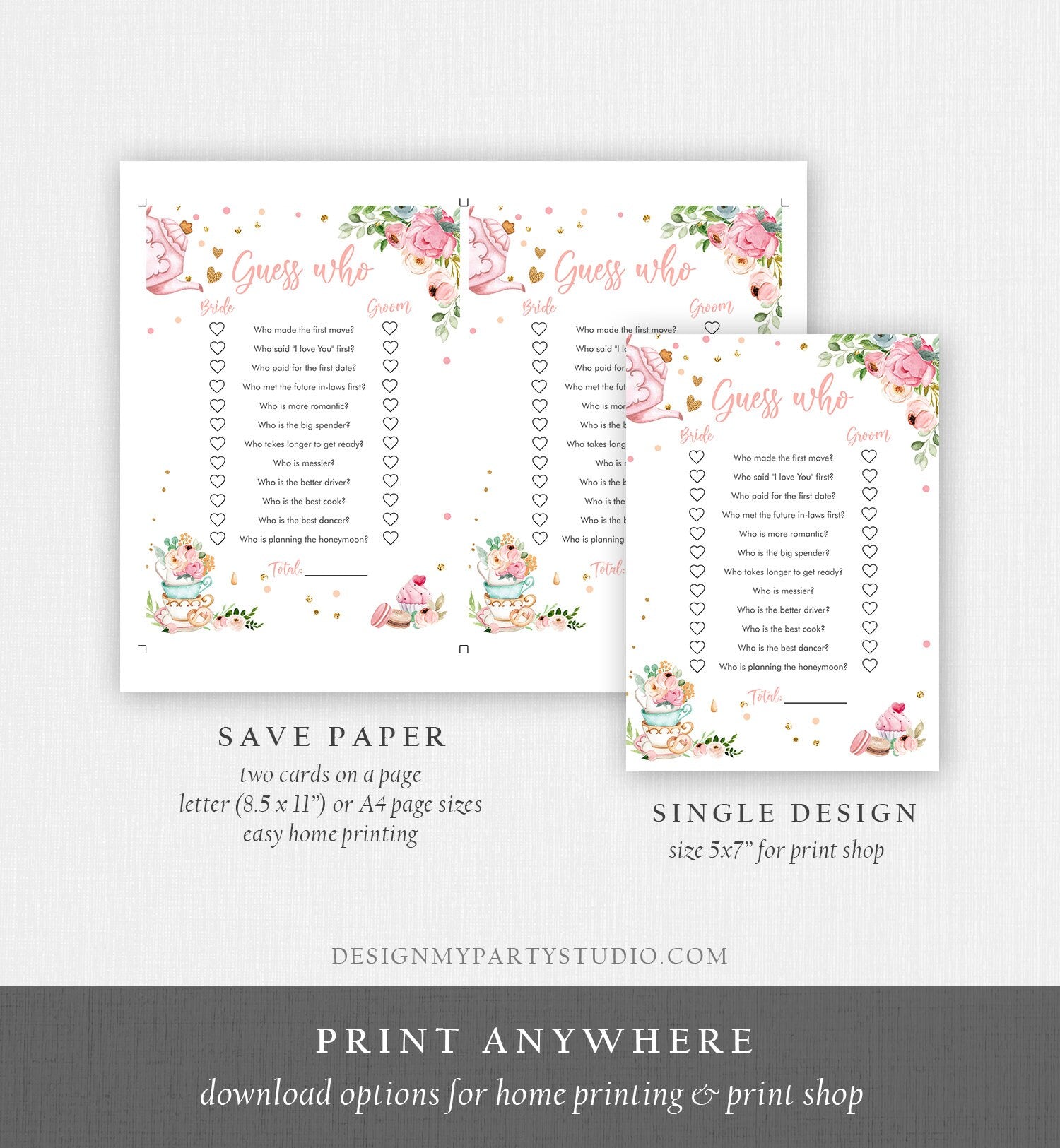 Editable Guess Who Bridal Shower Game Greenery Tea Party Baby is Brewing Pink Rustic Watercolor Bride Groom Corjl Template Printable 0349