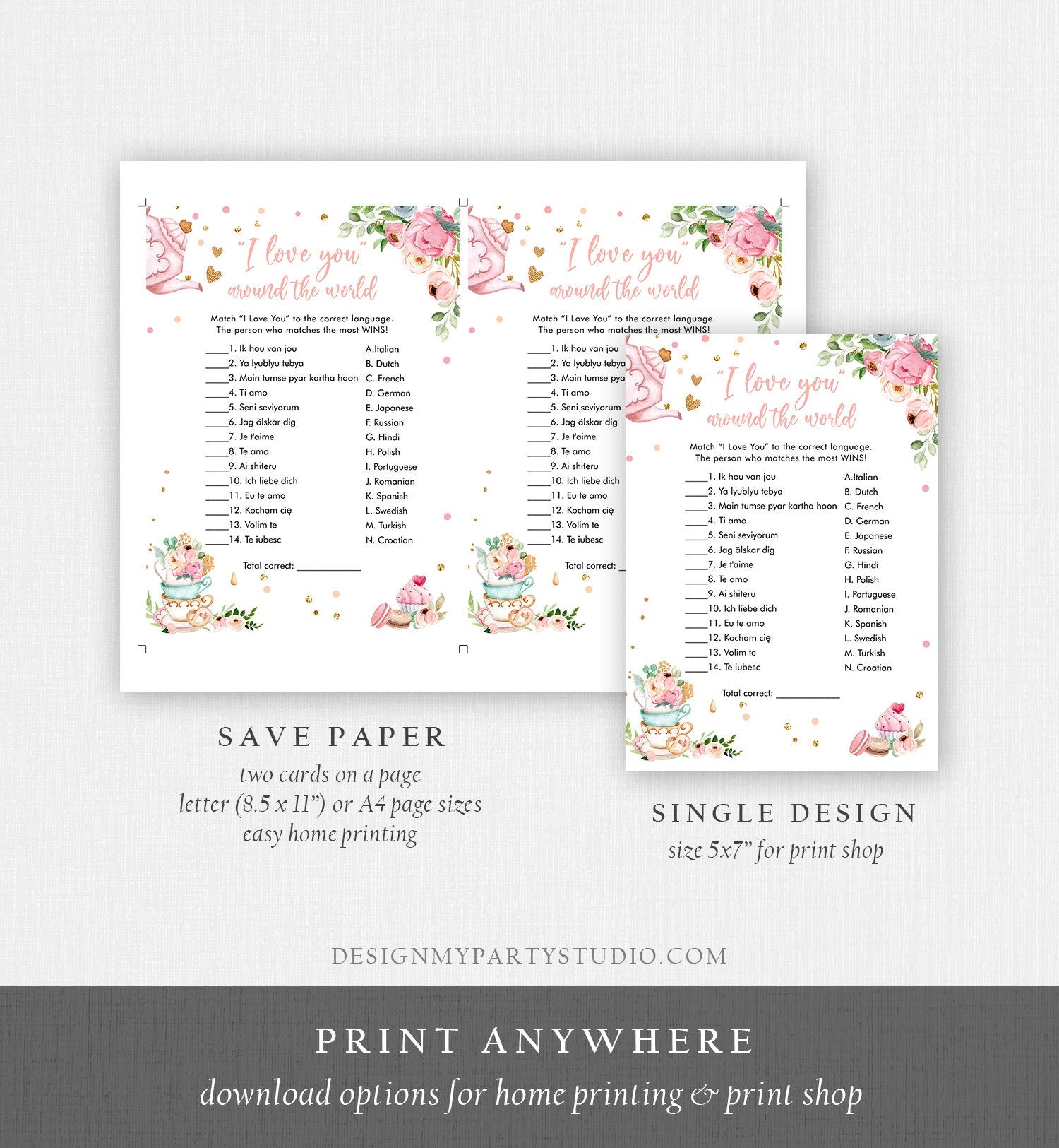 Editable I Love You Around the World Bridal Shower Game Greenery Tea Party Love is Brewing Pink Watercolor Corjl Template Printable 0349