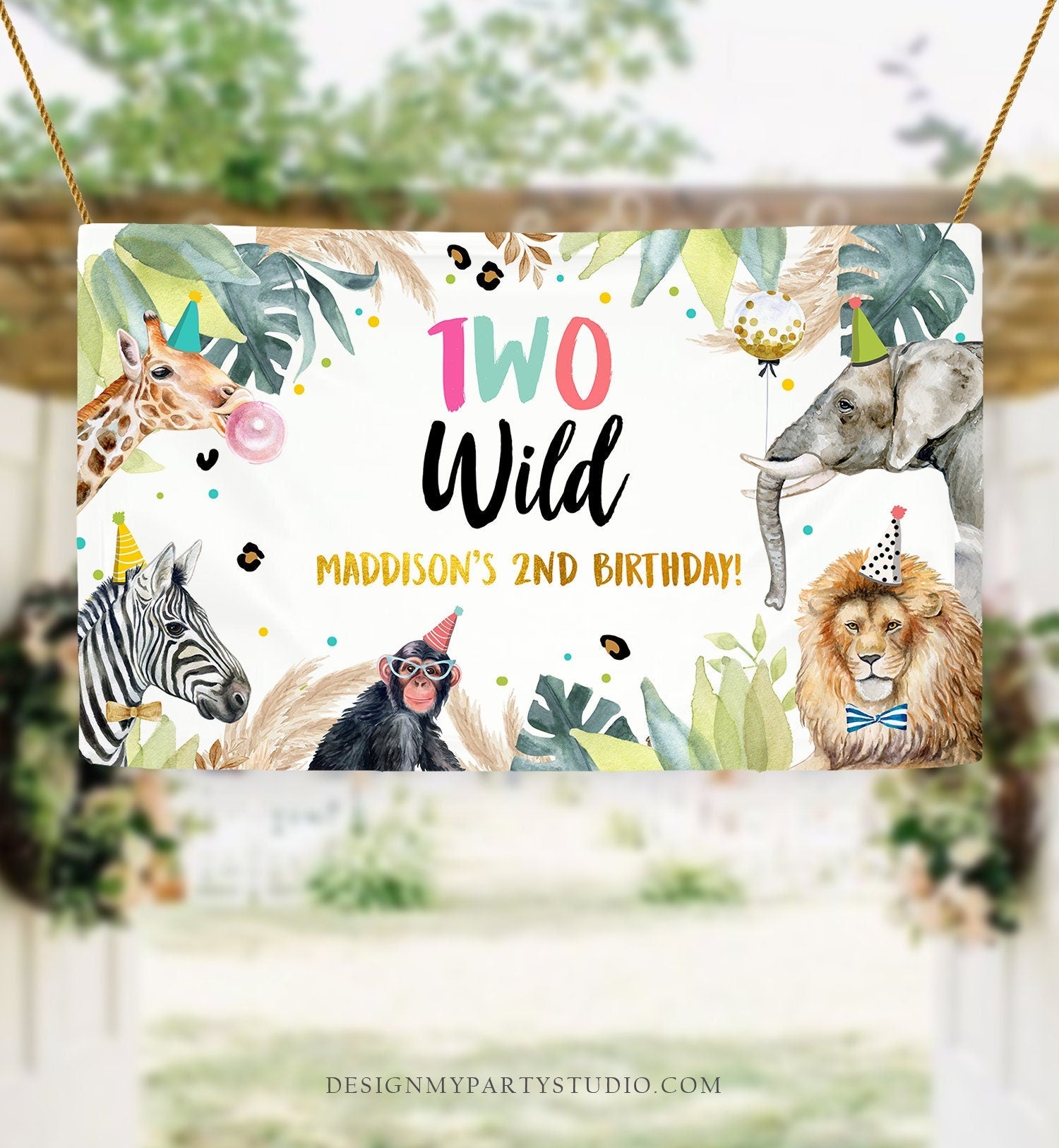 Editable Party Animals Two Wild Backdrop Banner Safari Animal Girl Pink Second Birthday 2nd Welcome Digital Template Download Printable 0417