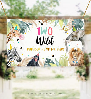 Editable Party Animals Two Wild Backdrop Banner Safari Animals Girl Pink Second Birthday 2nd Welcome Corjl Template Digital Printable 0417