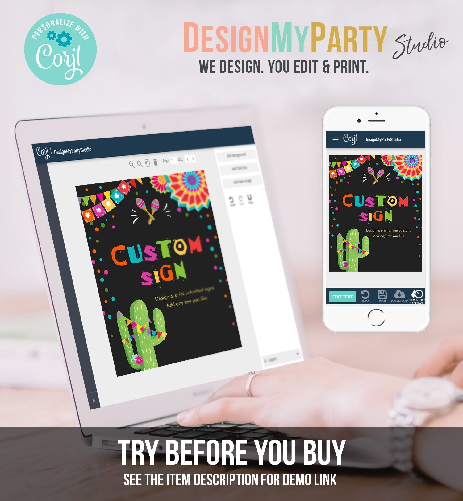 Editable Custom Sign Fiesta Cactus Sign Mexican Colorful Confetti Table Sign Decor Birthday Shower Party Download Printable Corjl 8x10 0045