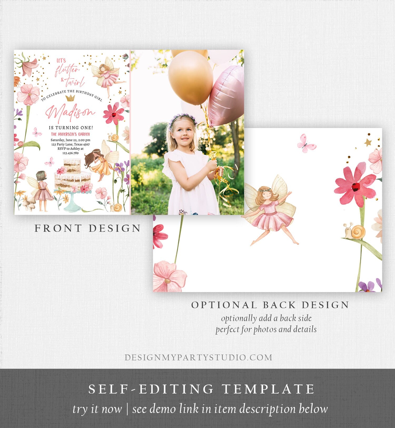 Editable Fairy Princess Birthday Invitation Girl Pink Floral Fairy Party Whimsical Garden Download Printable Template Corjl Digital 0406