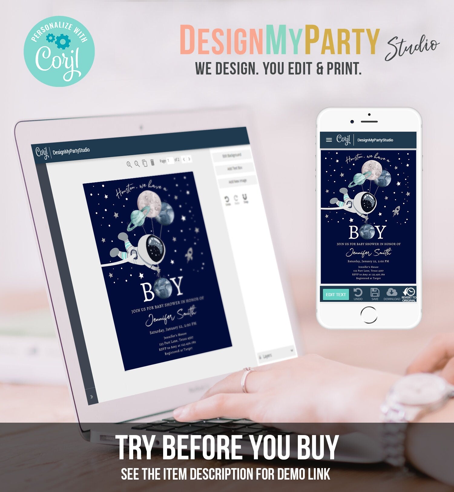 Editable Space Astronaut Baby Shower Invitation Galaxy Houston It's a Boy Blue Planets Moon Countdown Template Instant Download Corjl 0366