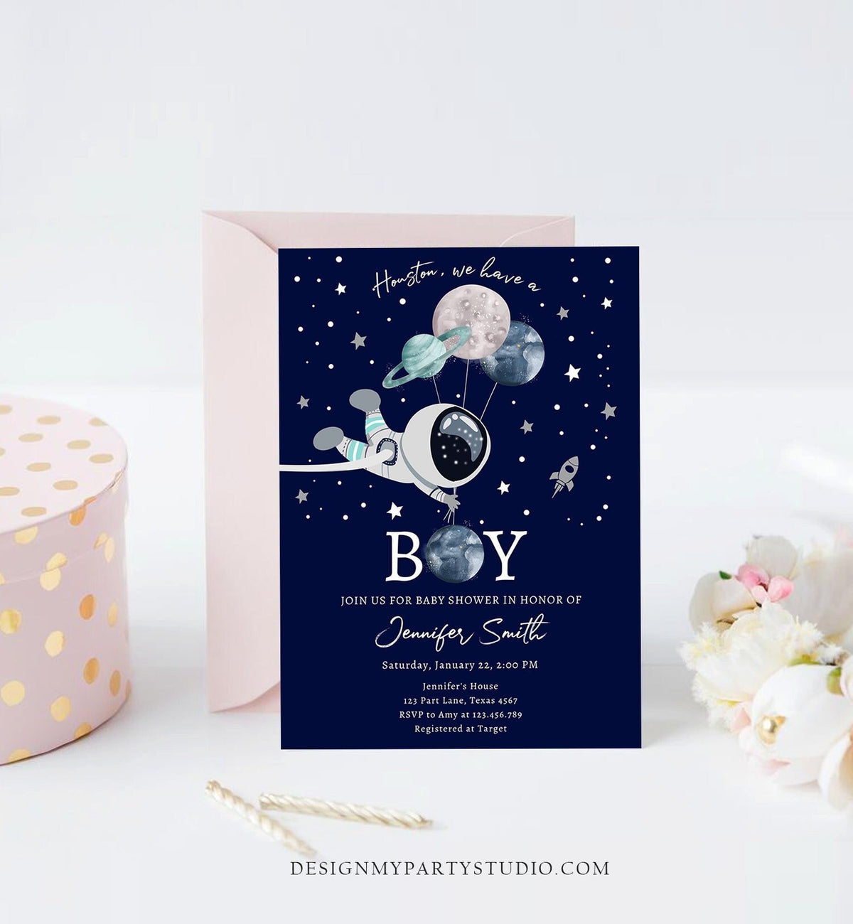 Editable Space Astronaut Baby Shower Invitation Galaxy Houston It&#39;s a Boy Blue Planets Moon Countdown Template Instant Download Corjl 0366