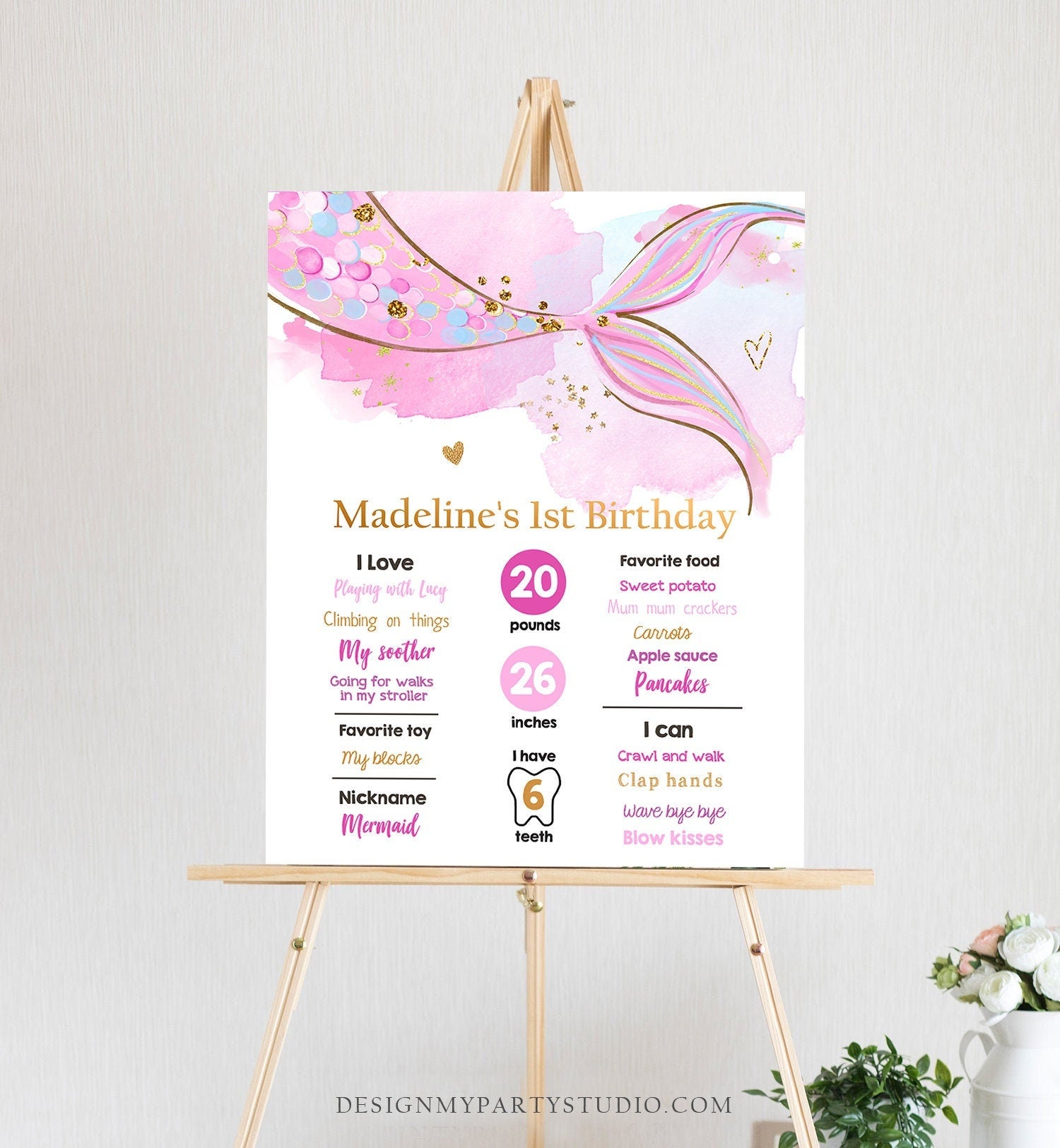 Editable Mermaid Birthday Milestones Sign Mermaid Tail Girl 1st Birthday Under The Sea Pink Purple Gold First Template Printable Corjl 0403