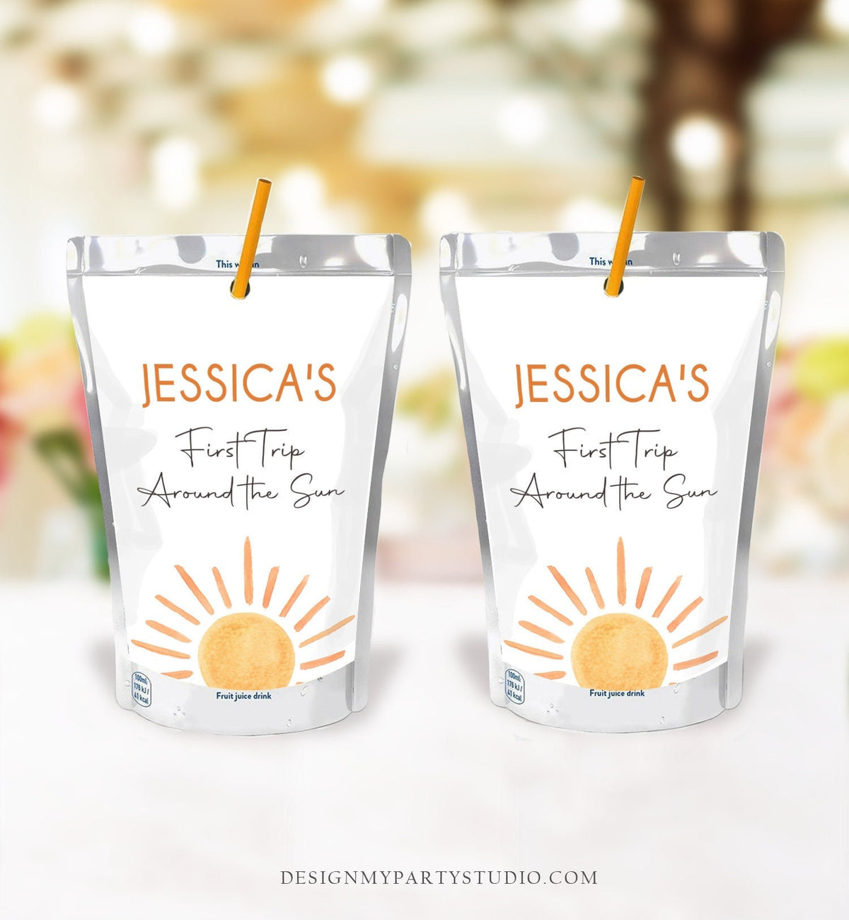 Editable Sunshine Juice Pouch Label Juice Favors Watercolor Birthday Party First Trip Around the Sun Digital Template Printable 0431